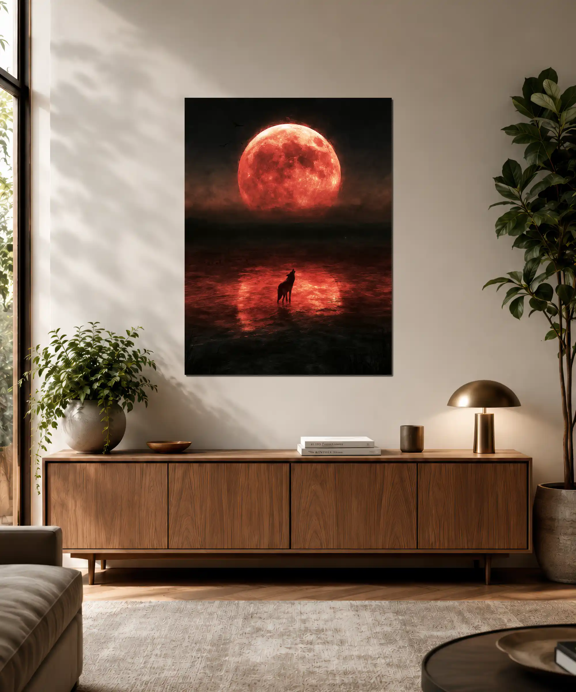 Red Moon Wolf Poster 3 painting Red moon wolf wall art displayed in an interior with a lone howling silhouette