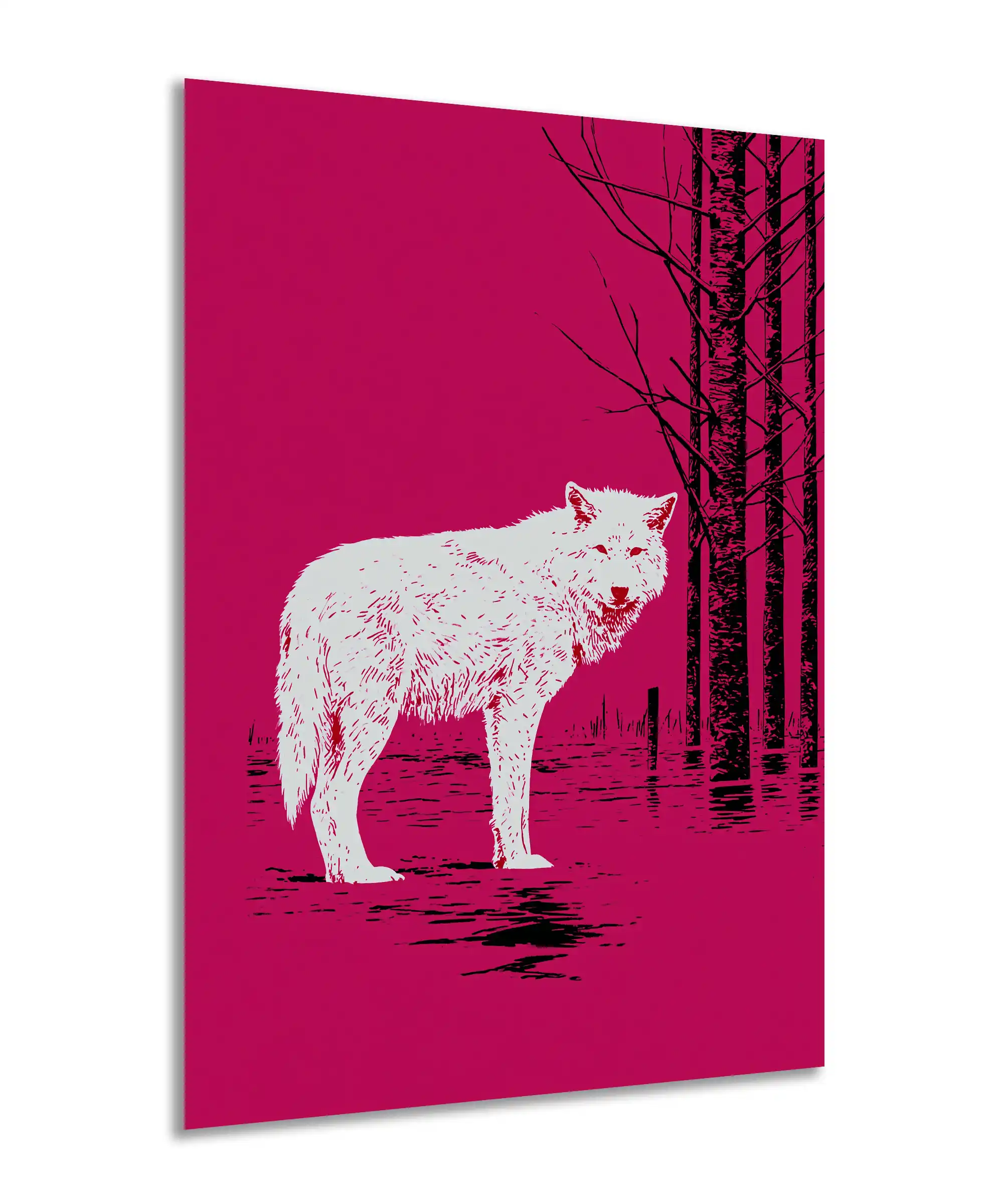 Magenta Forest Cat Poster 2 painting Angled magenta cat poster showing a white feline in flooded woodland