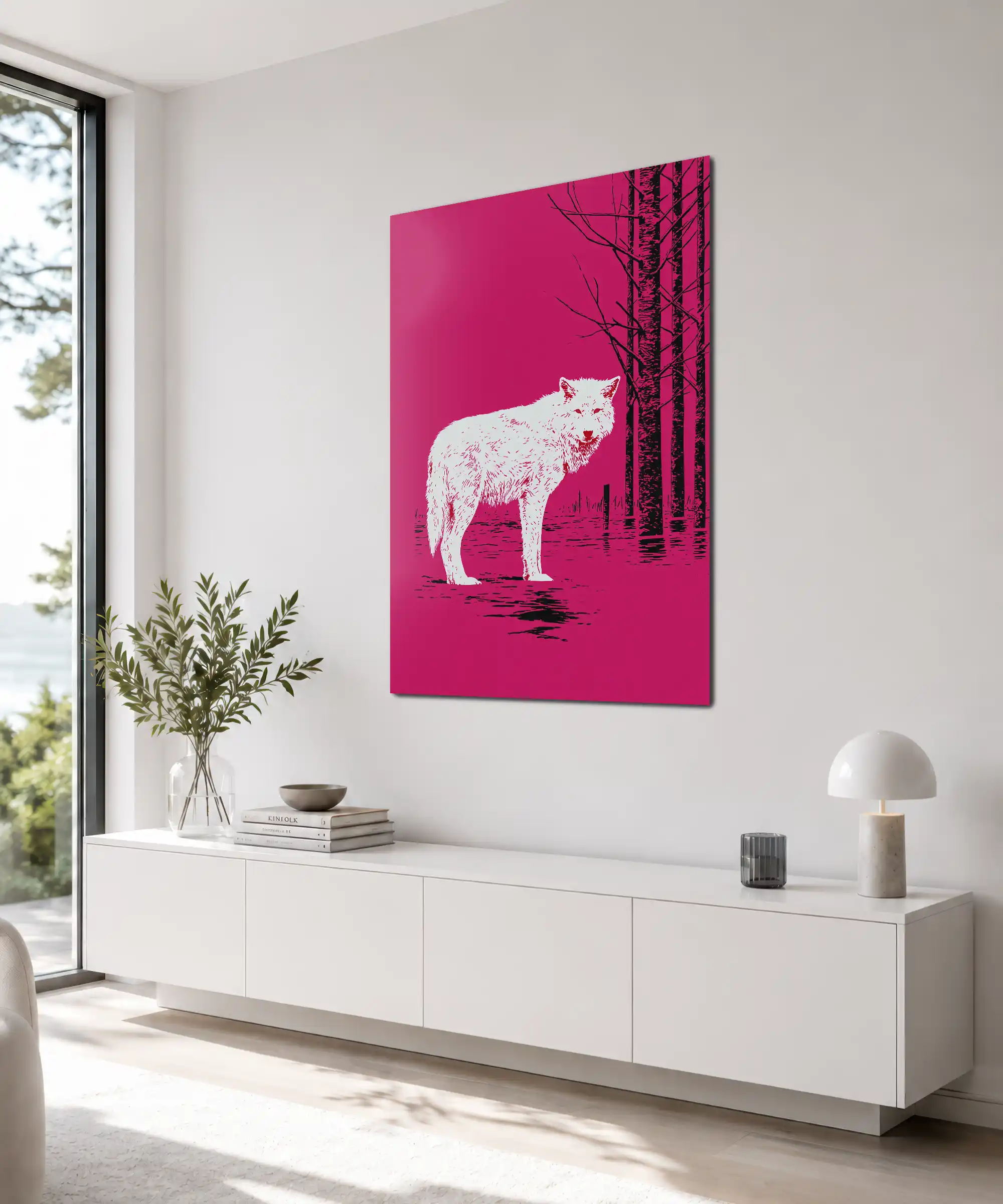 Magenta Forest Cat Poster 4 painting Angled interior view of white cat flooded forest poster in magenta and black