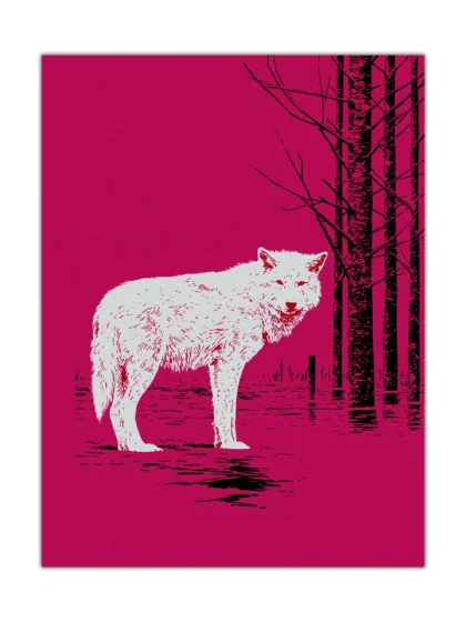 White cat standing in flooded birch forest on a bold magenta animal poster