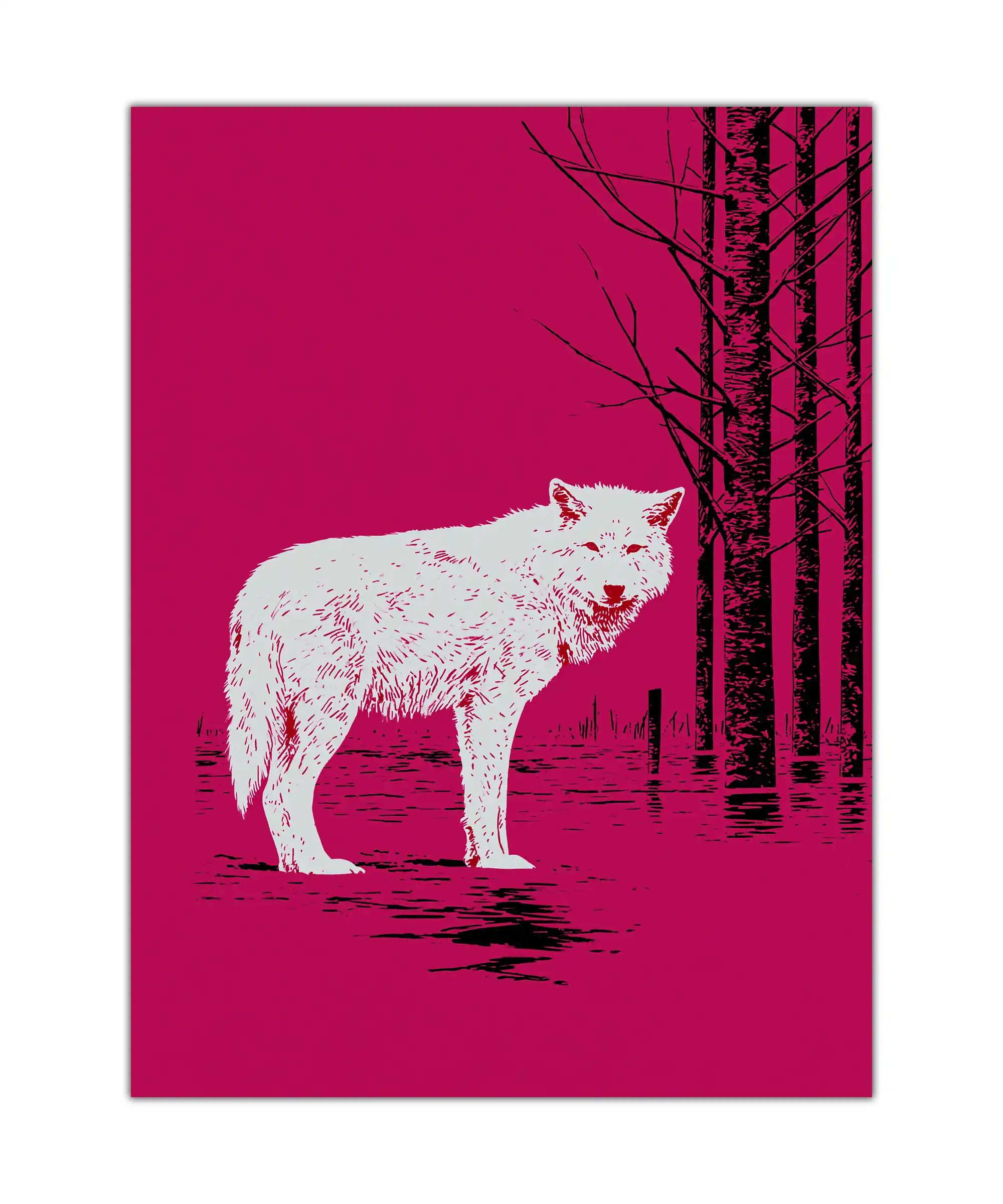 Magenta Forest Cat Poster 1 painting White cat standing in flooded birch forest on a bold magenta animal poster