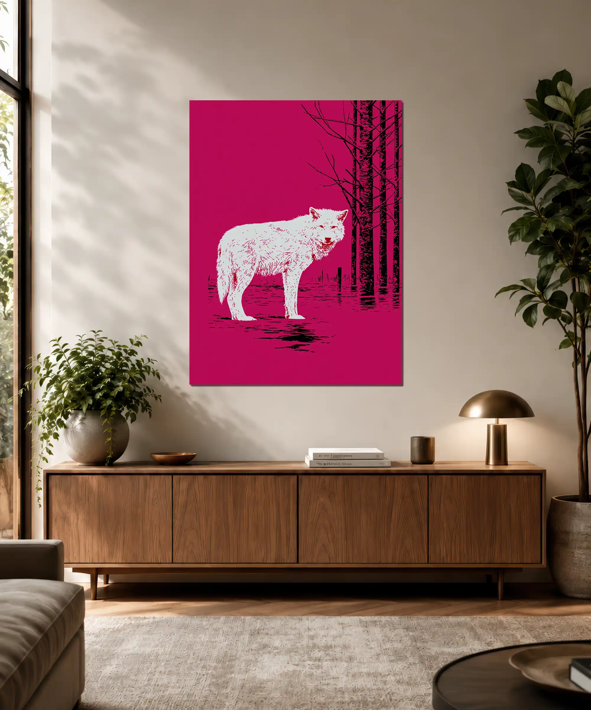 Magenta Forest Cat Poster 3 painting Magenta forest cat poster displayed on an interior wall with flooded woodland scene