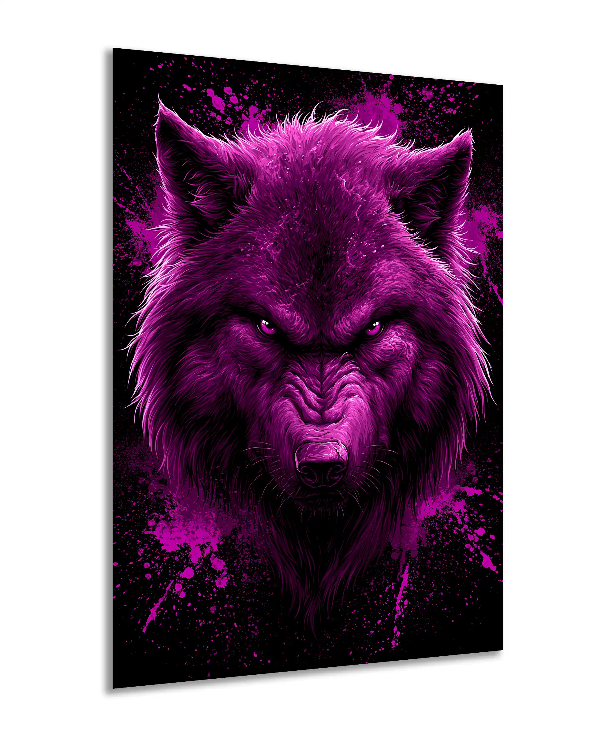Violet Fury Wolf Poster 2 painting Angled violet wolf poster showing fierce eyes, dark fur, and bright magenta splashes