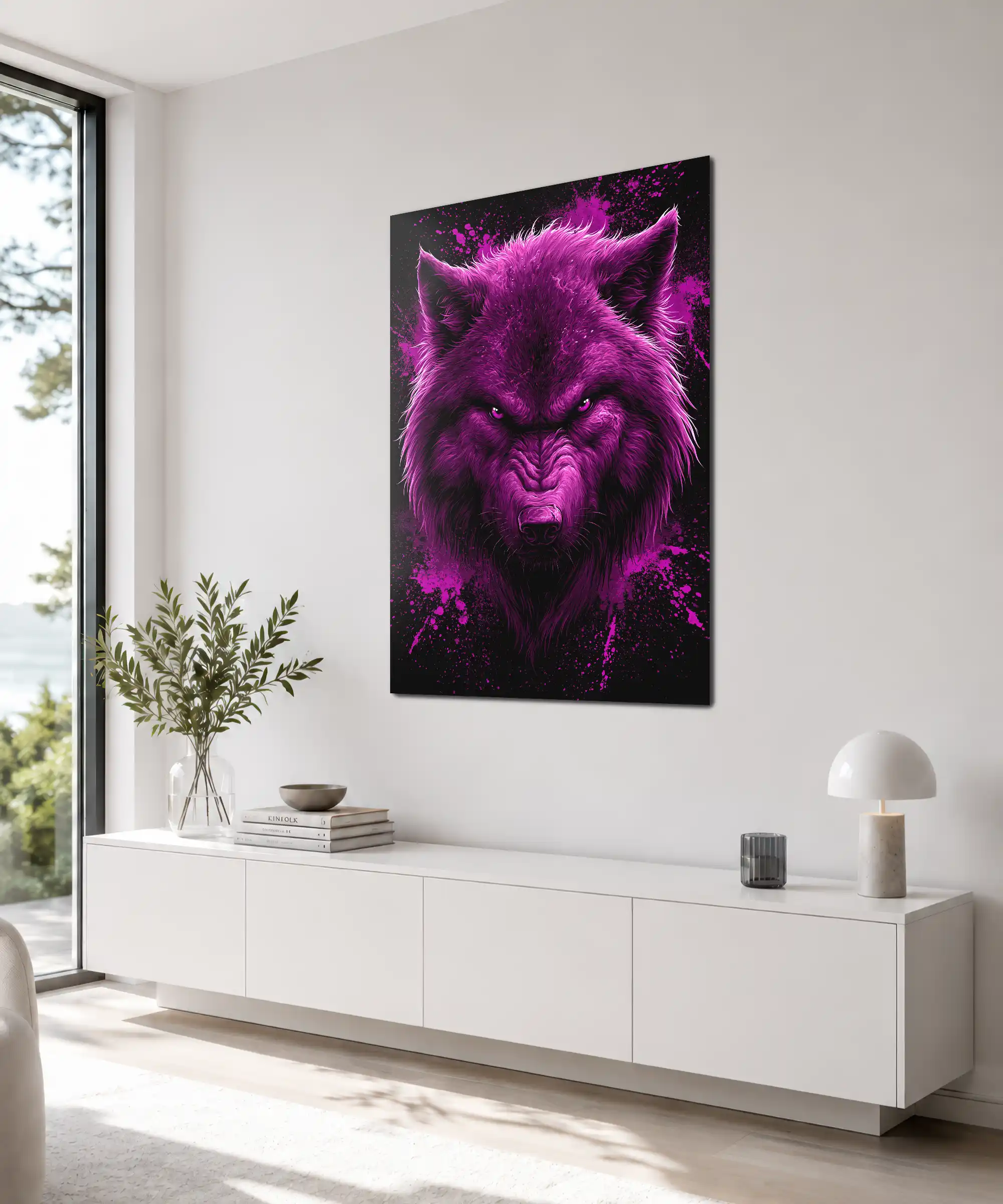 Violet Fury Wolf Poster 4 painting Angled violet wolf wall poster in an interior with glowing eyes and dark style