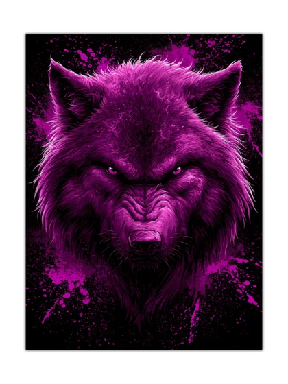 Violet wolf portrait poster with glowing eyes and magenta paint splashes on black