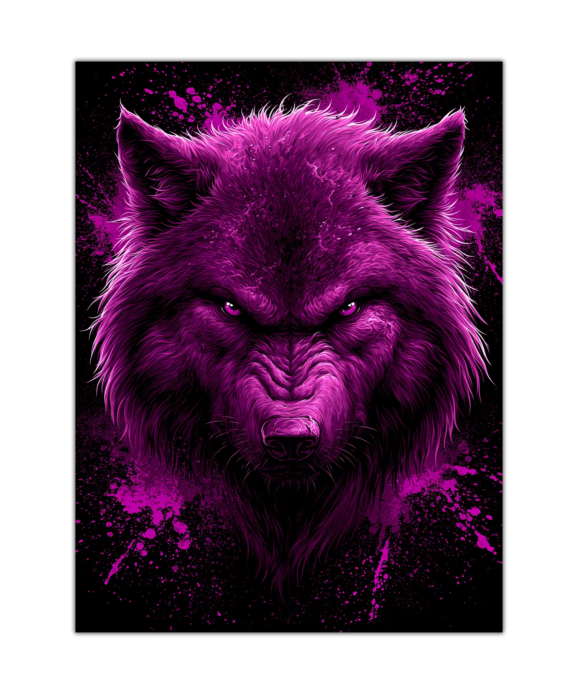 Violet Fury Wolf Poster 1 painting Violet wolf portrait poster with glowing eyes and magenta paint splashes on black