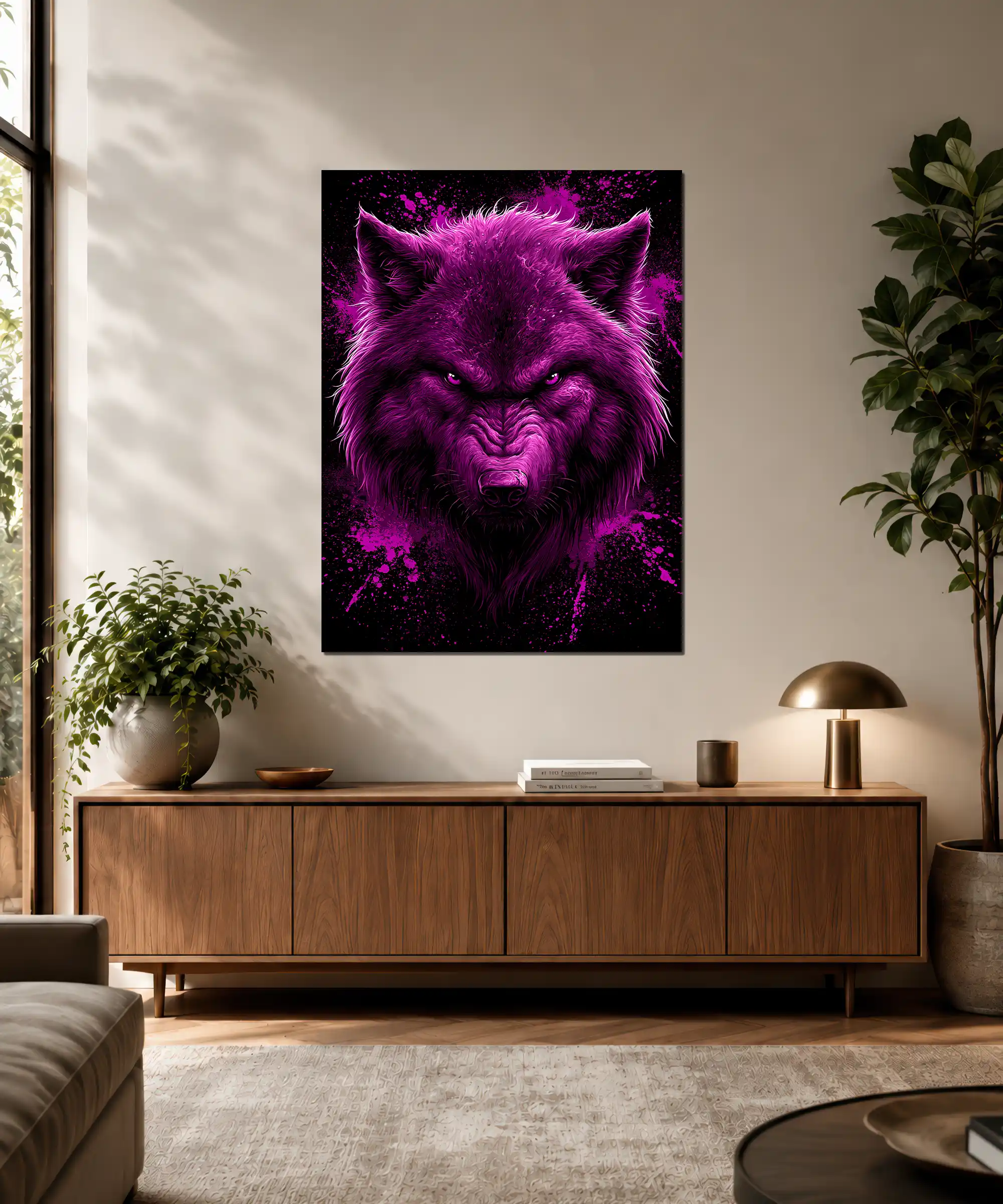 Violet Fury Wolf Poster 3 painting Violet wolf wall art displayed in an interior with bold dark animal energy