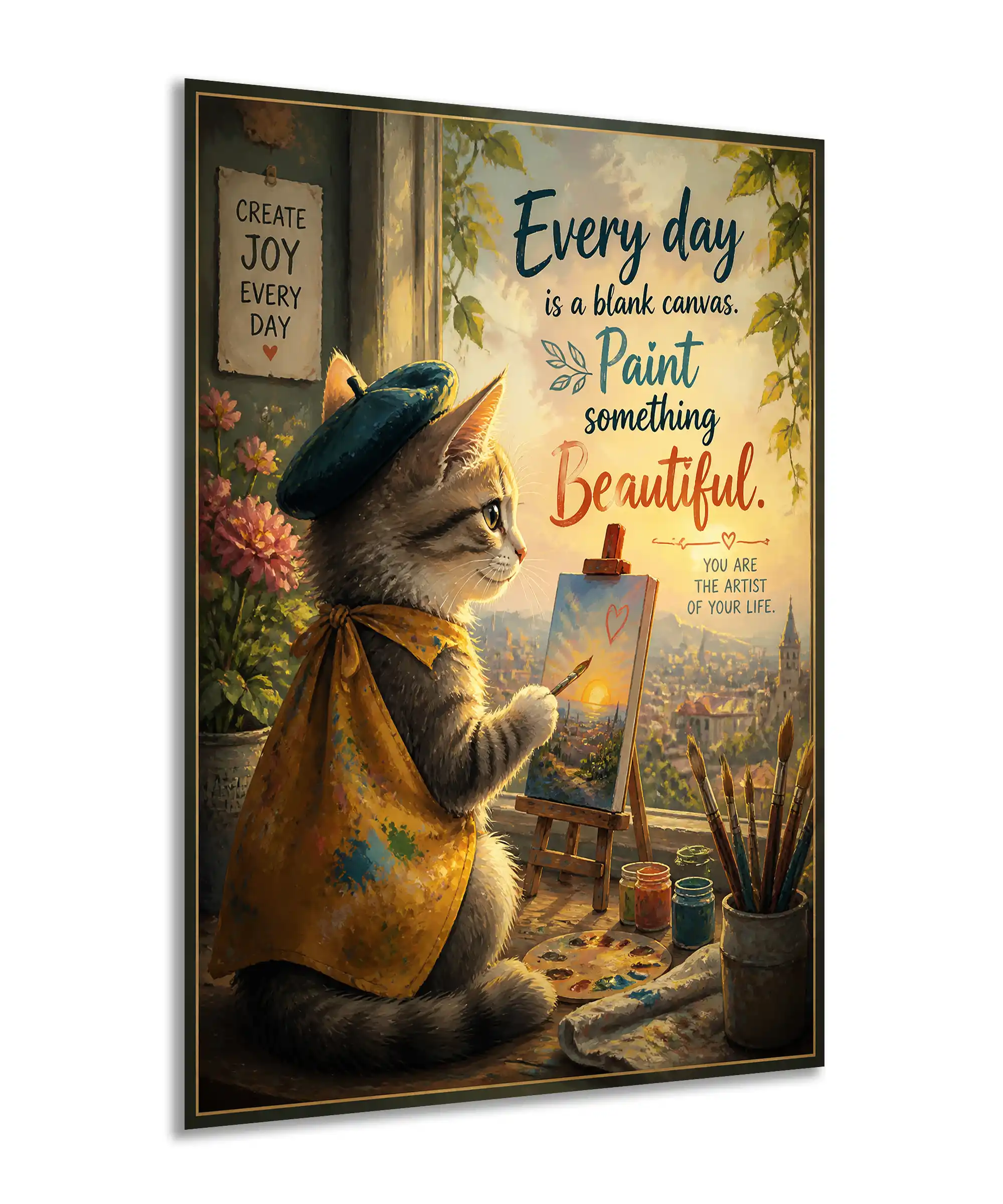 Artist Cat Aesthetic Poster 2 painting Angled artist cat poster showing easel, paint jars, city view, and warm light