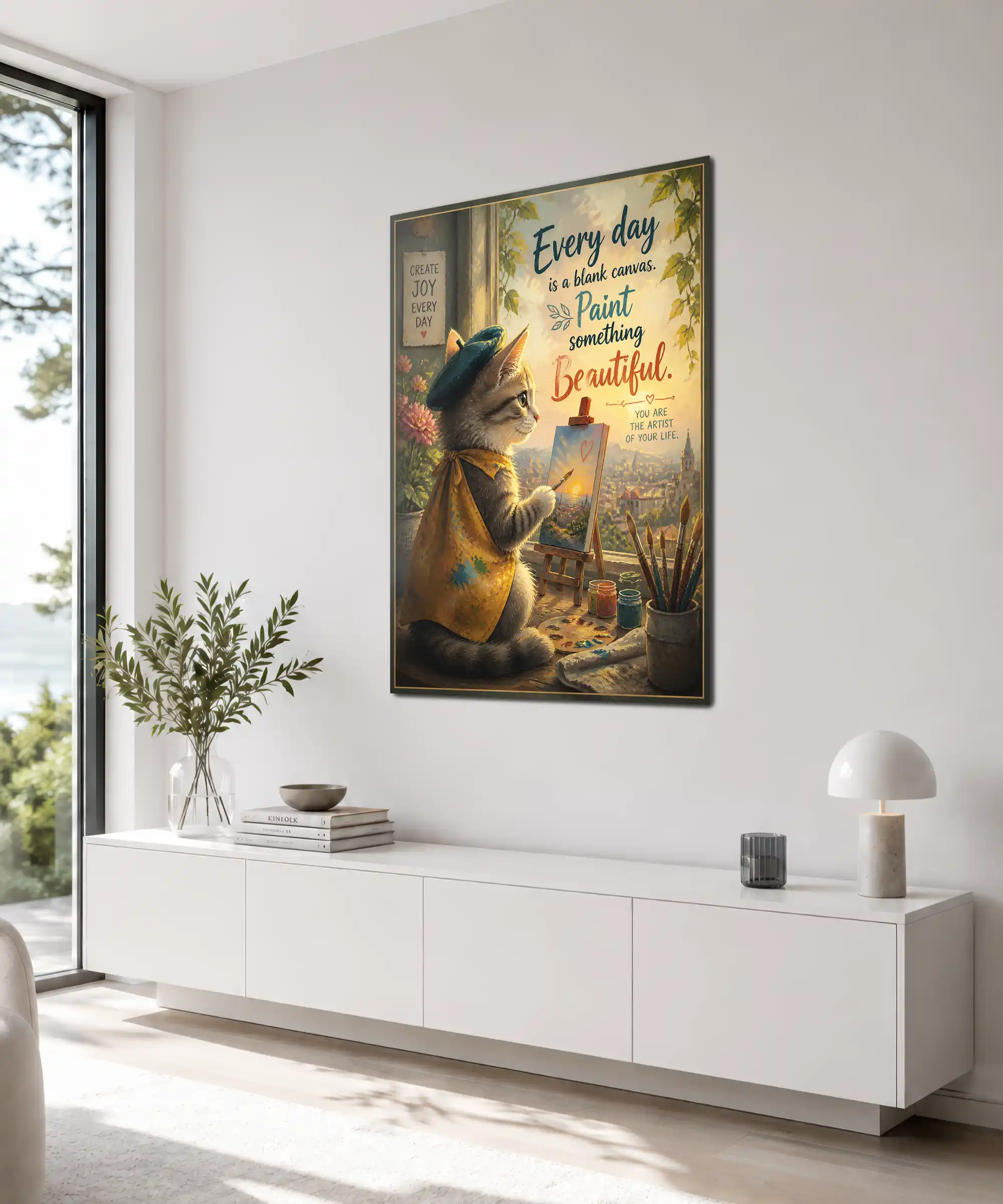 Artist Cat Aesthetic Poster 4 painting Angled artist cat wall art in an interior with easel, brushes, and sunset colors