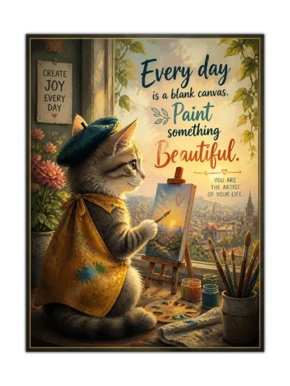 Painterly cat artist poster with beret, easel, brushes, and golden creative message