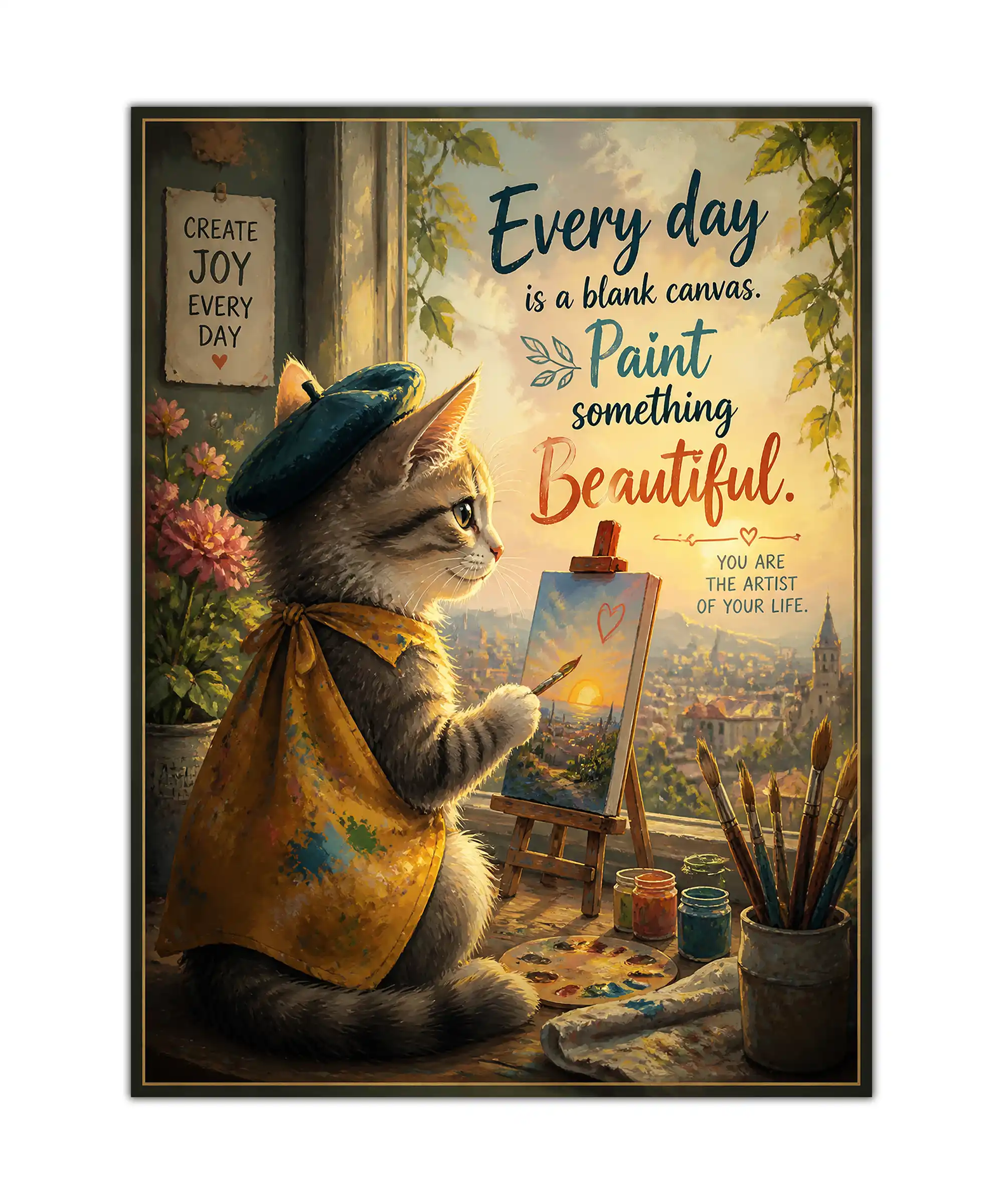 Artist Cat Aesthetic Poster 1 painting Painterly cat artist poster with beret, easel, brushes, and golden creative message