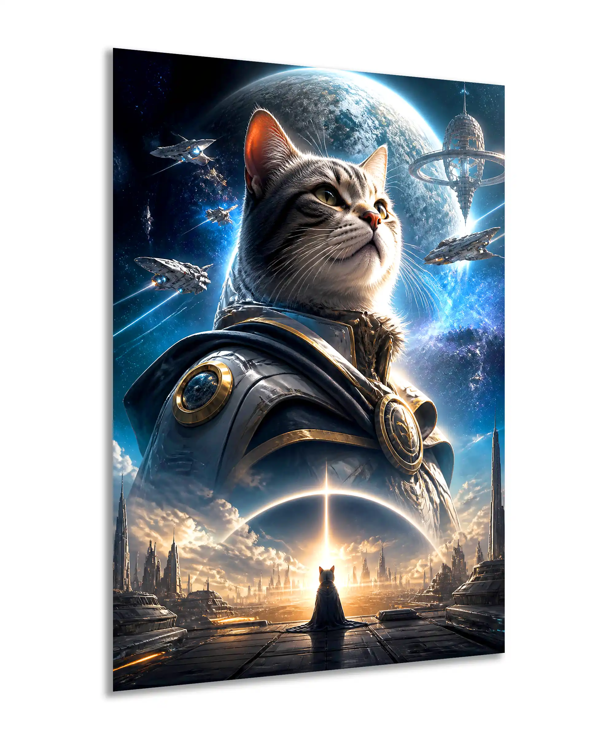 Cosmic Cat Space Poster 2 painting Angled armored cat space poster with starships and a bright cosmic planet