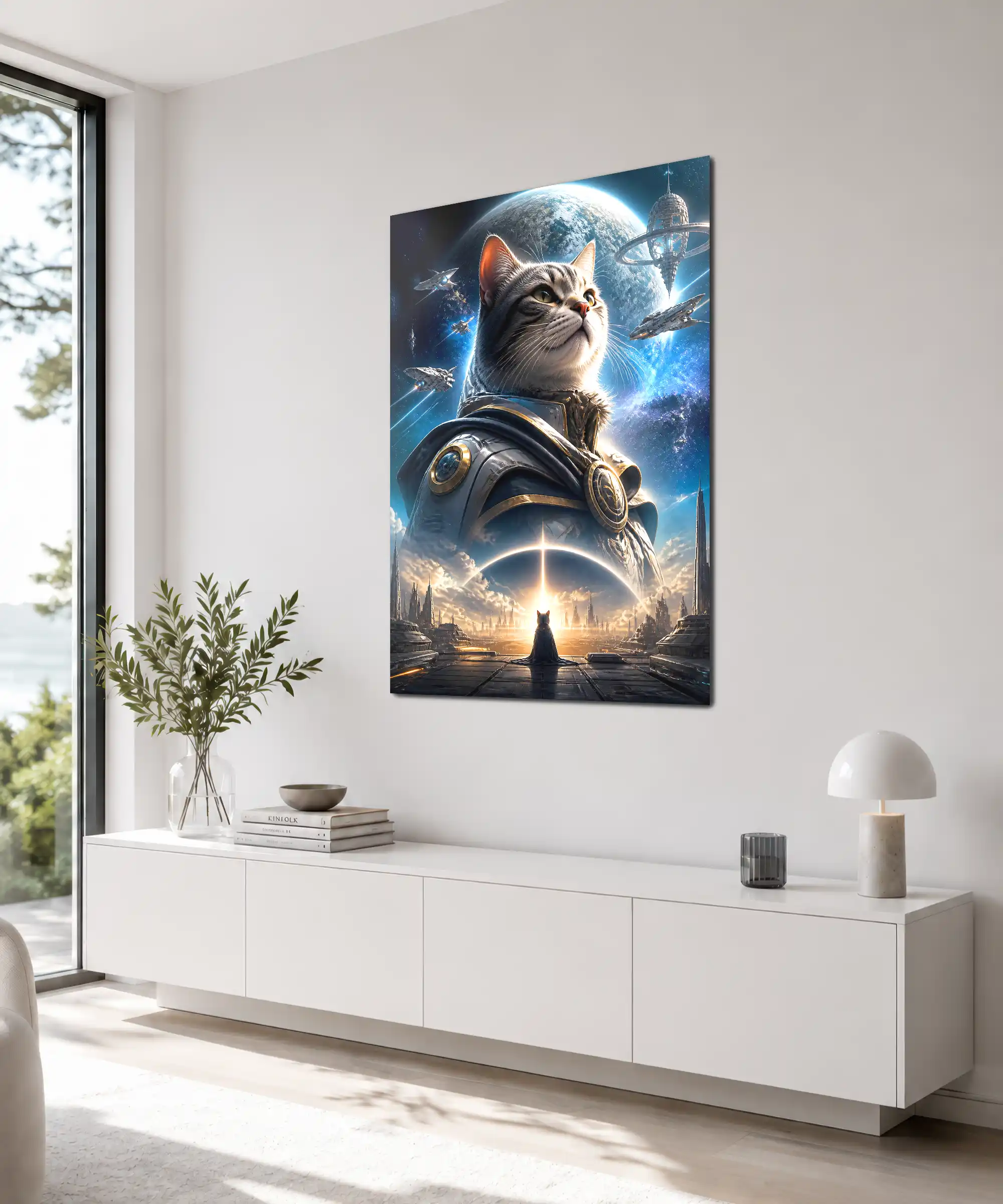 Cosmic Cat Space Poster 4 painting Angled space cat wall poster displayed indoors with a glowing sci-fi city