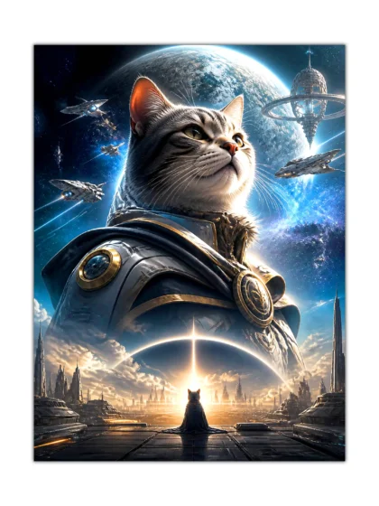 Armored space cat poster with starships, a giant planet, and a futuristic city