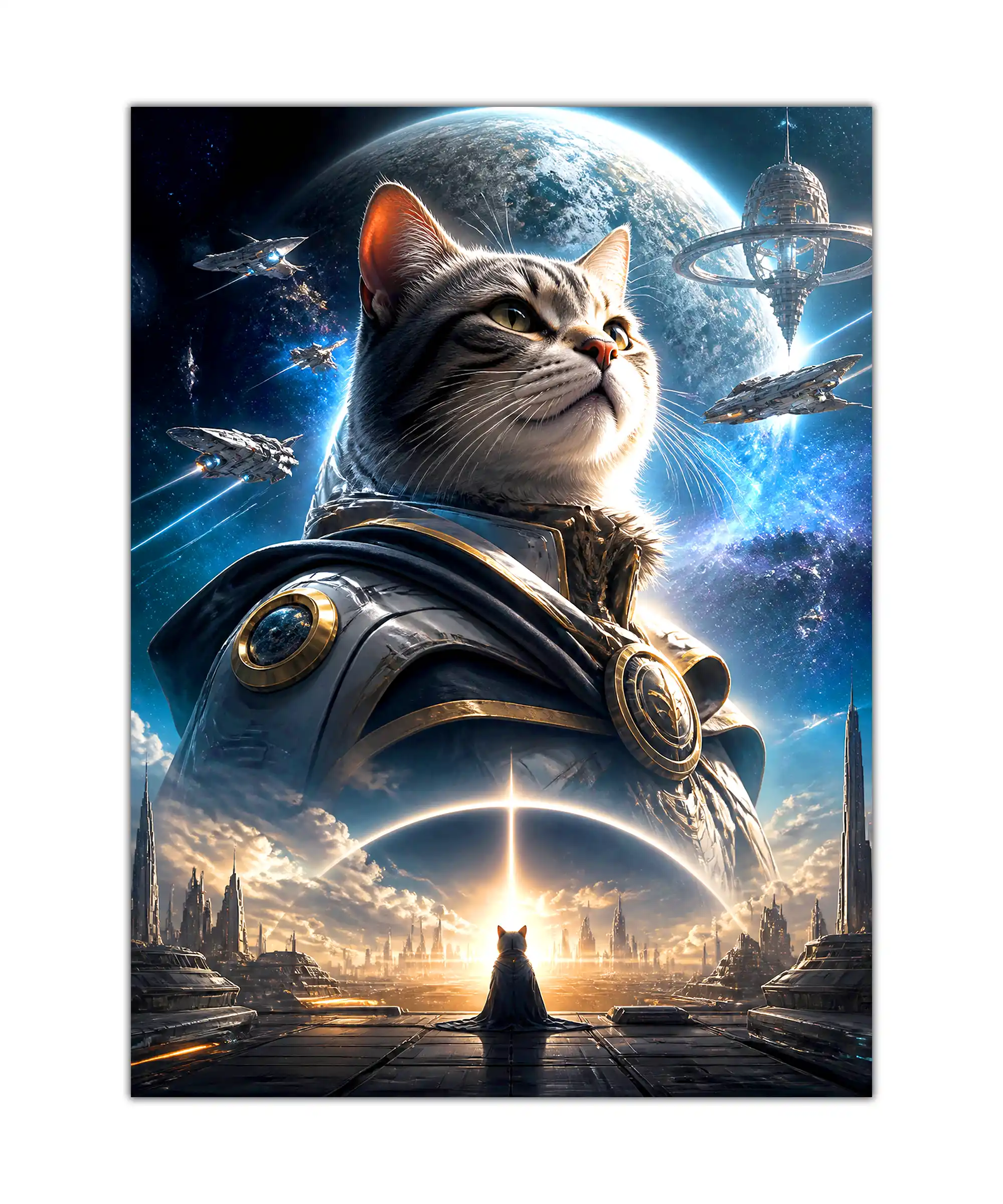 Cosmic Cat Space Poster 1 painting Armored space cat poster with starships, a giant planet, and a futuristic city