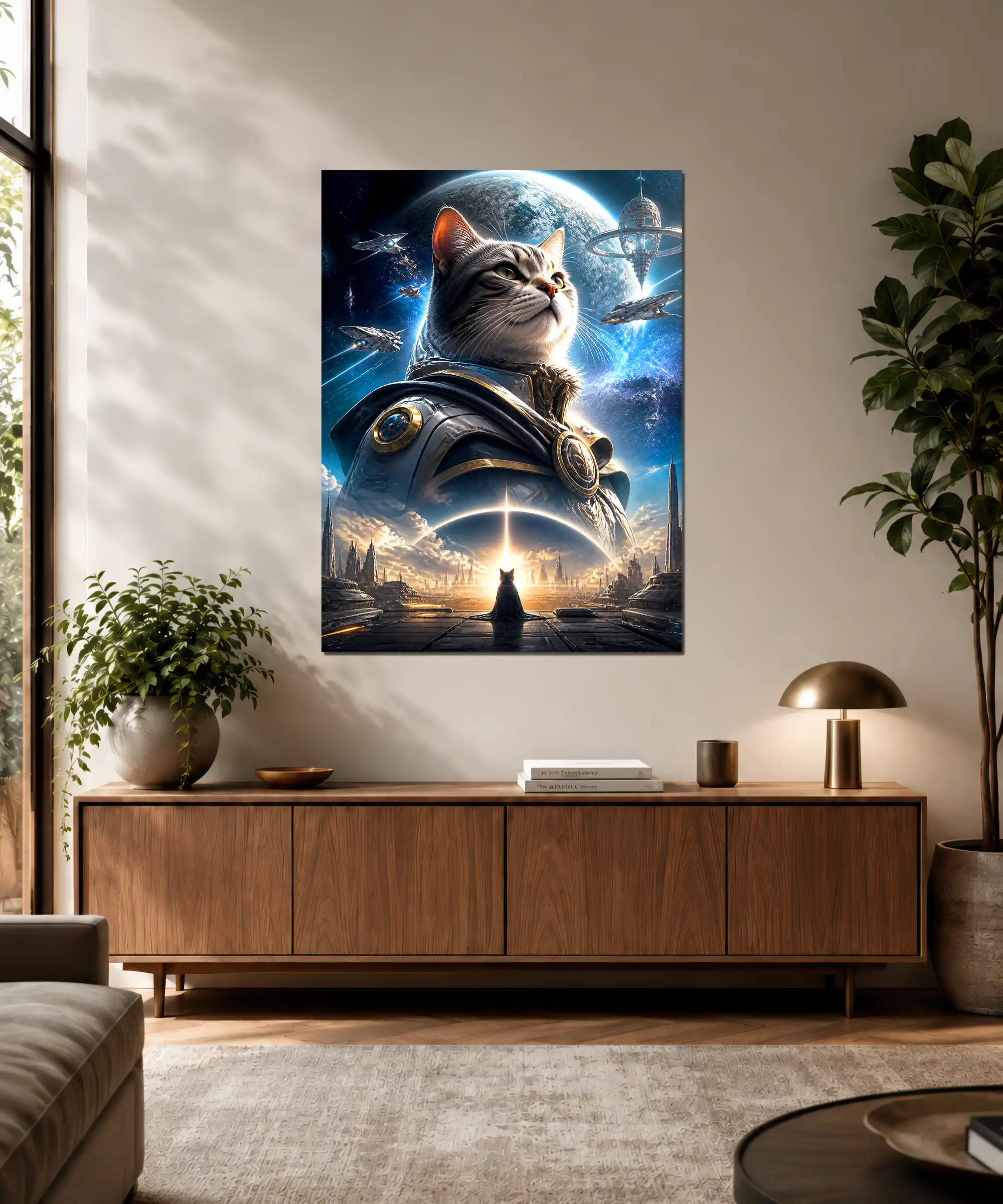 Cosmic Cat Space Poster 3 painting Armored cat space poster displayed in an interior with a futuristic cosmic scene