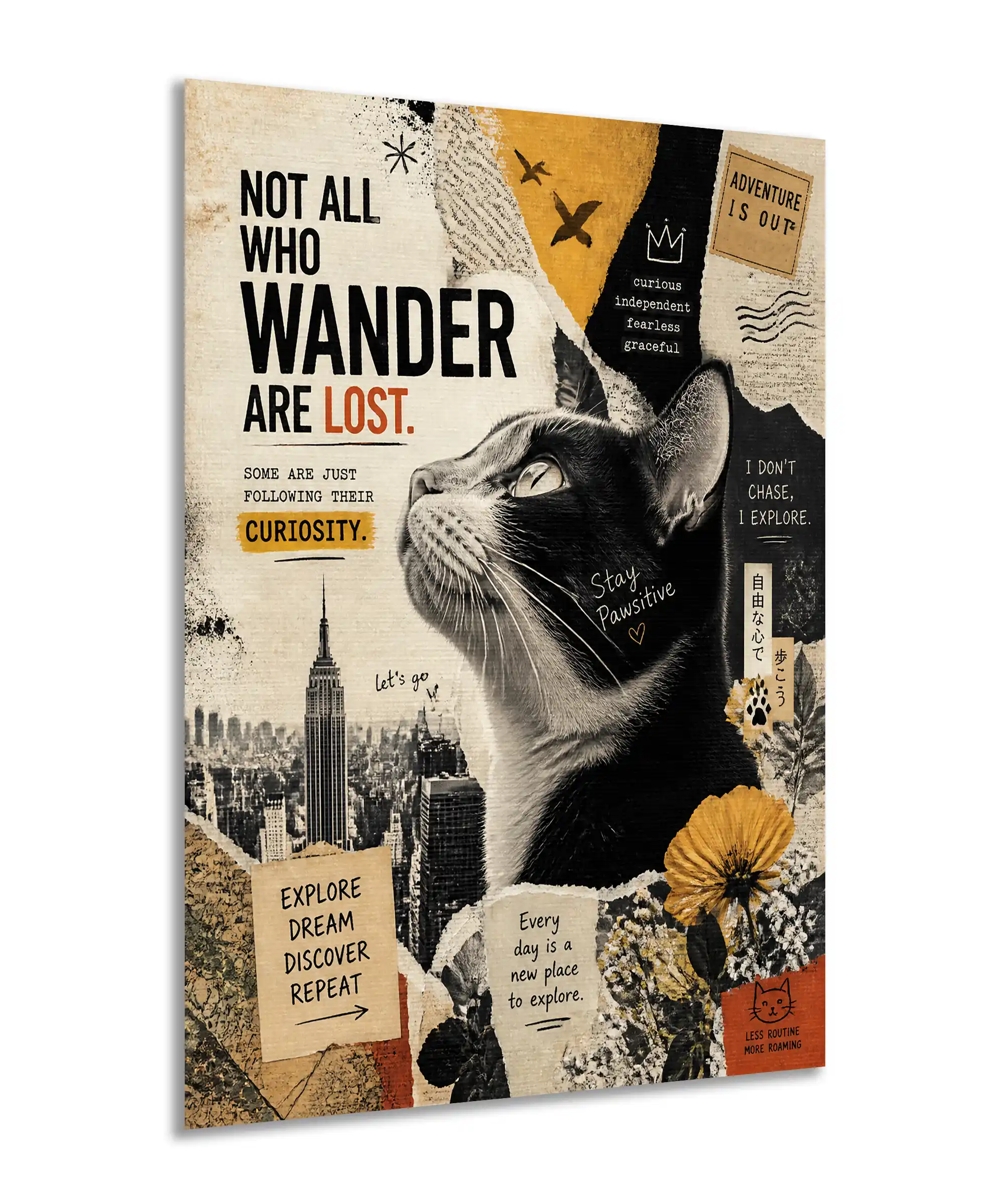 Curious Wanderer Cat Poster 2 painting Angled Curious Wanderer cat poster showing vintage collage textures and travel-inspired typography