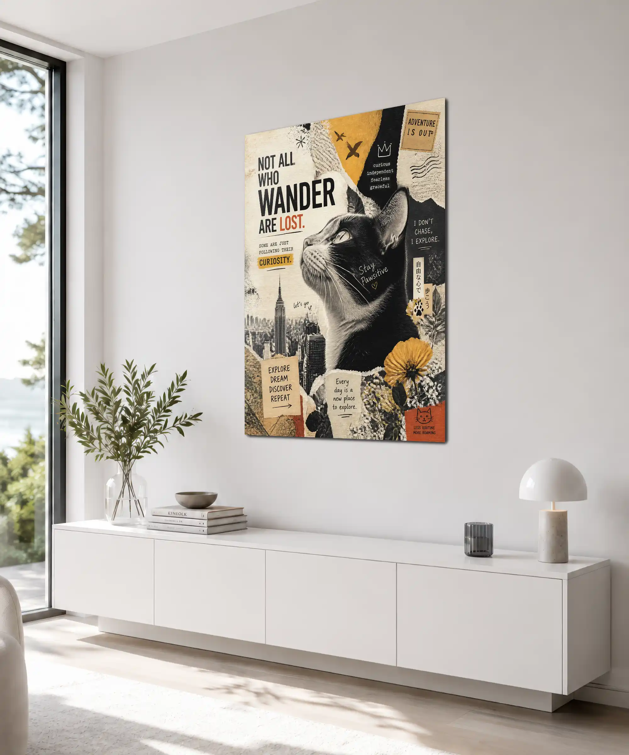 Curious Wanderer Cat Poster 4 painting Angled cat travel collage wall art displayed indoors with city and botanical details