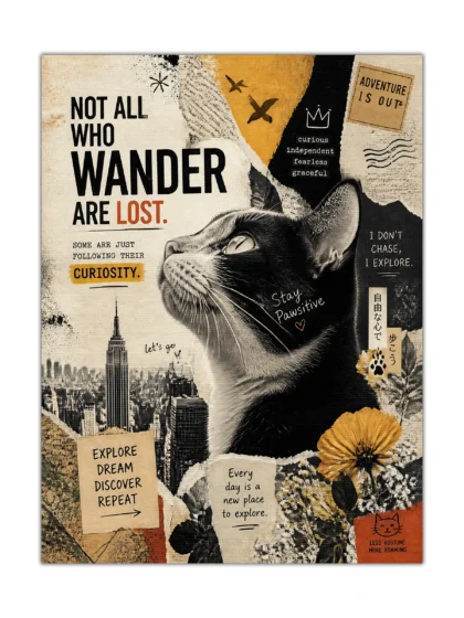 Black-and-white cat travel collage poster with city skyline, flowers, and bold adventure quotes