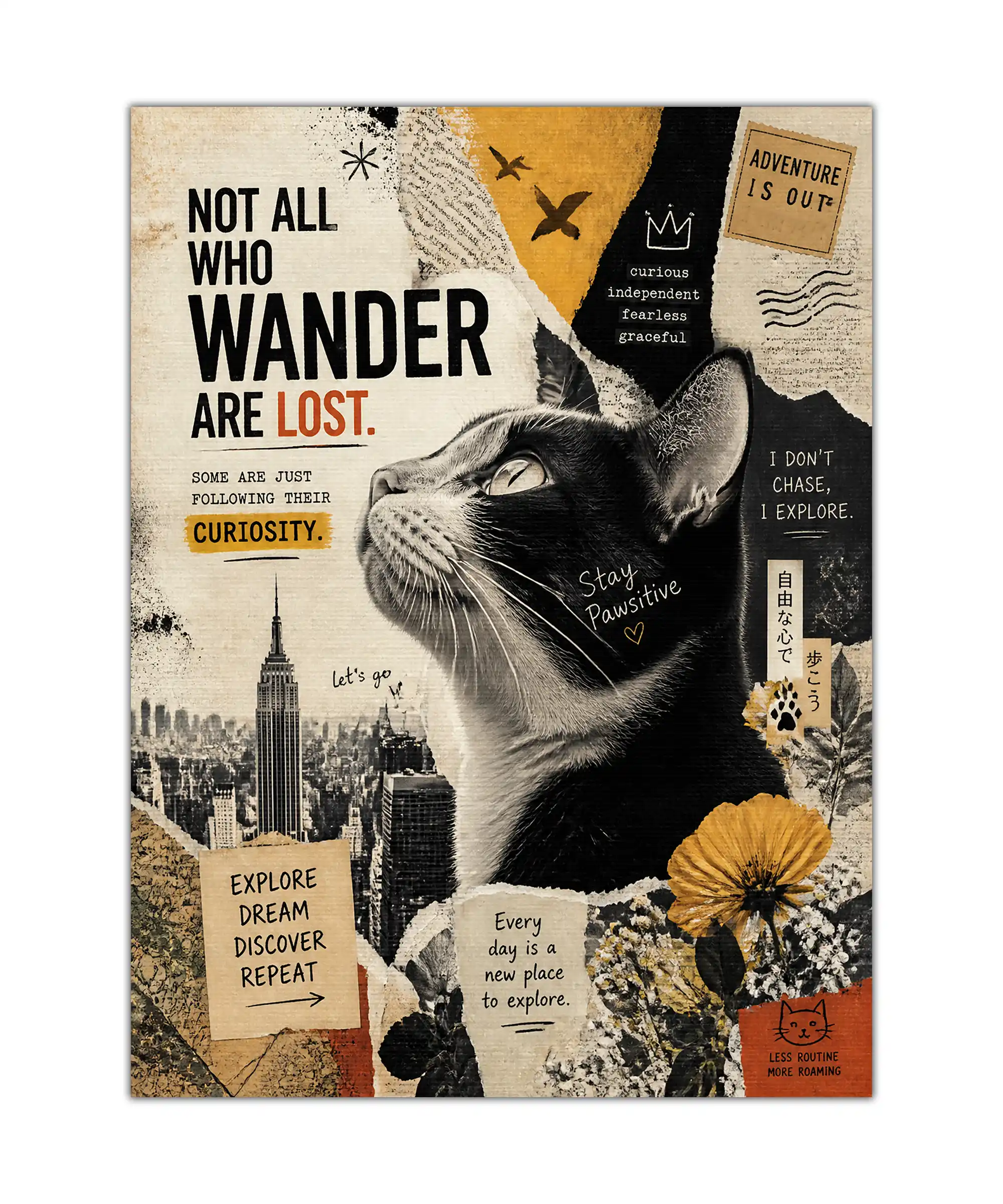 Curious Wanderer Cat Poster 1 painting Black-and-white cat travel collage poster with city skyline, flowers, and bold adventure quotes
