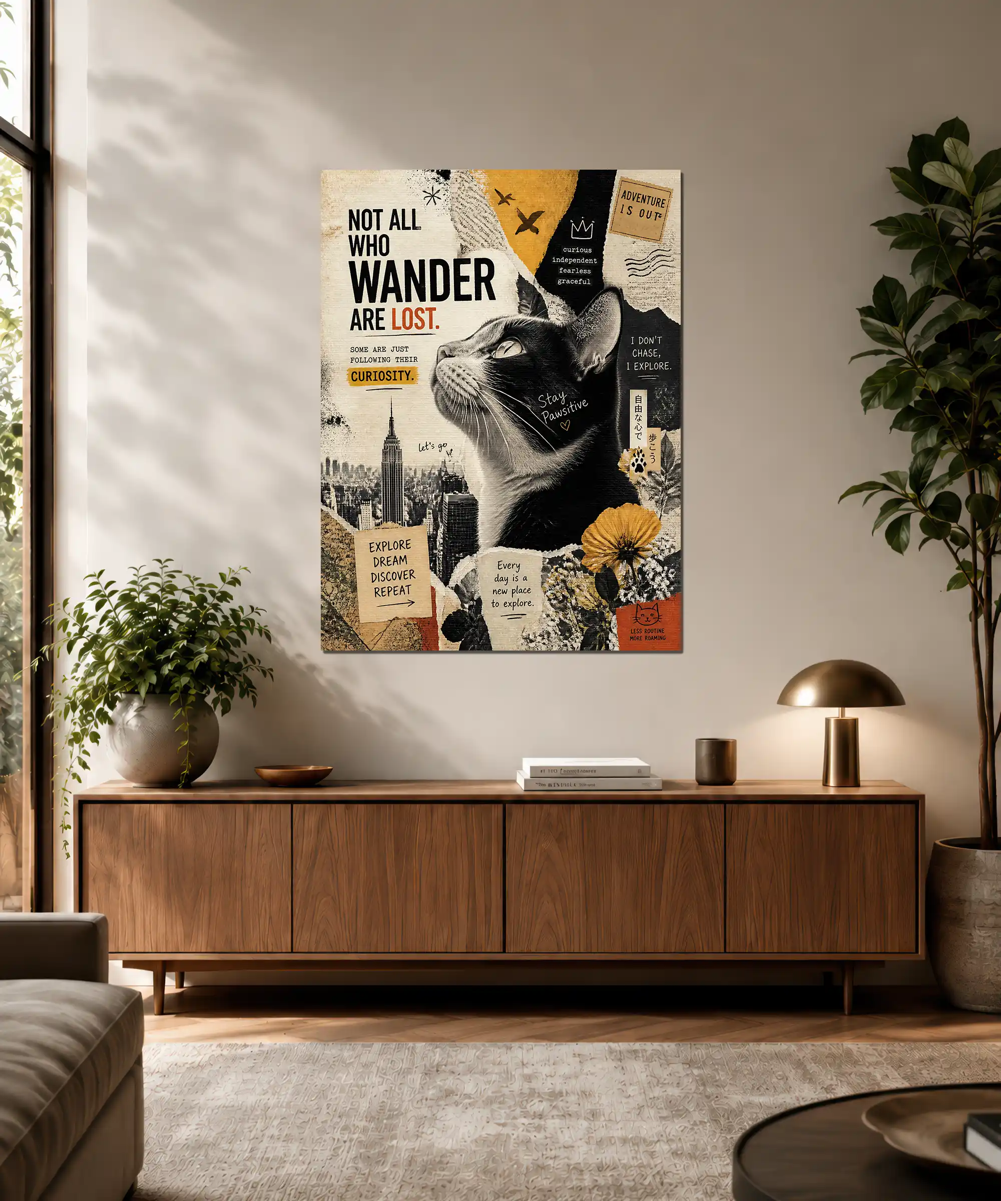 Curious Wanderer Cat Poster 3 painting Curious black-and-white cat wall poster displayed in an adventurous creative interior
