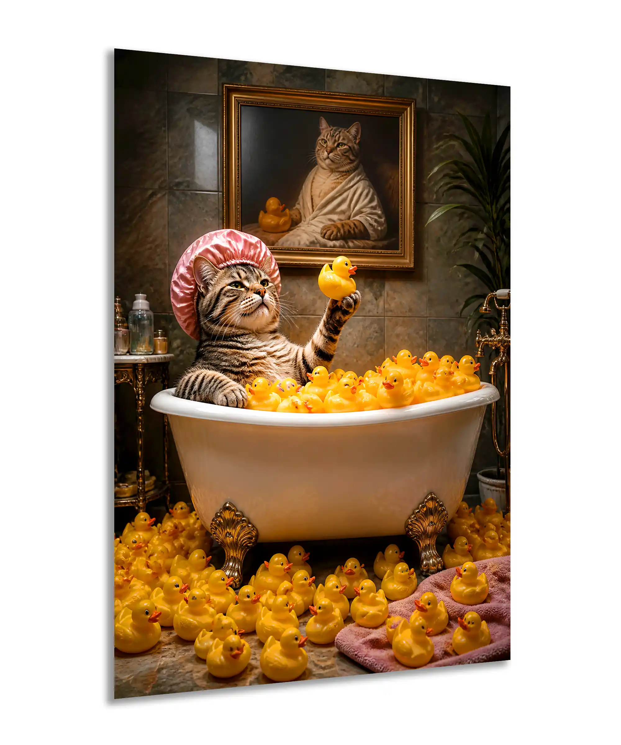 Rubber Duck Cat Poster 2 painting Angled view of tabby cat wall poster with rubber ducks in a vintage bathtub