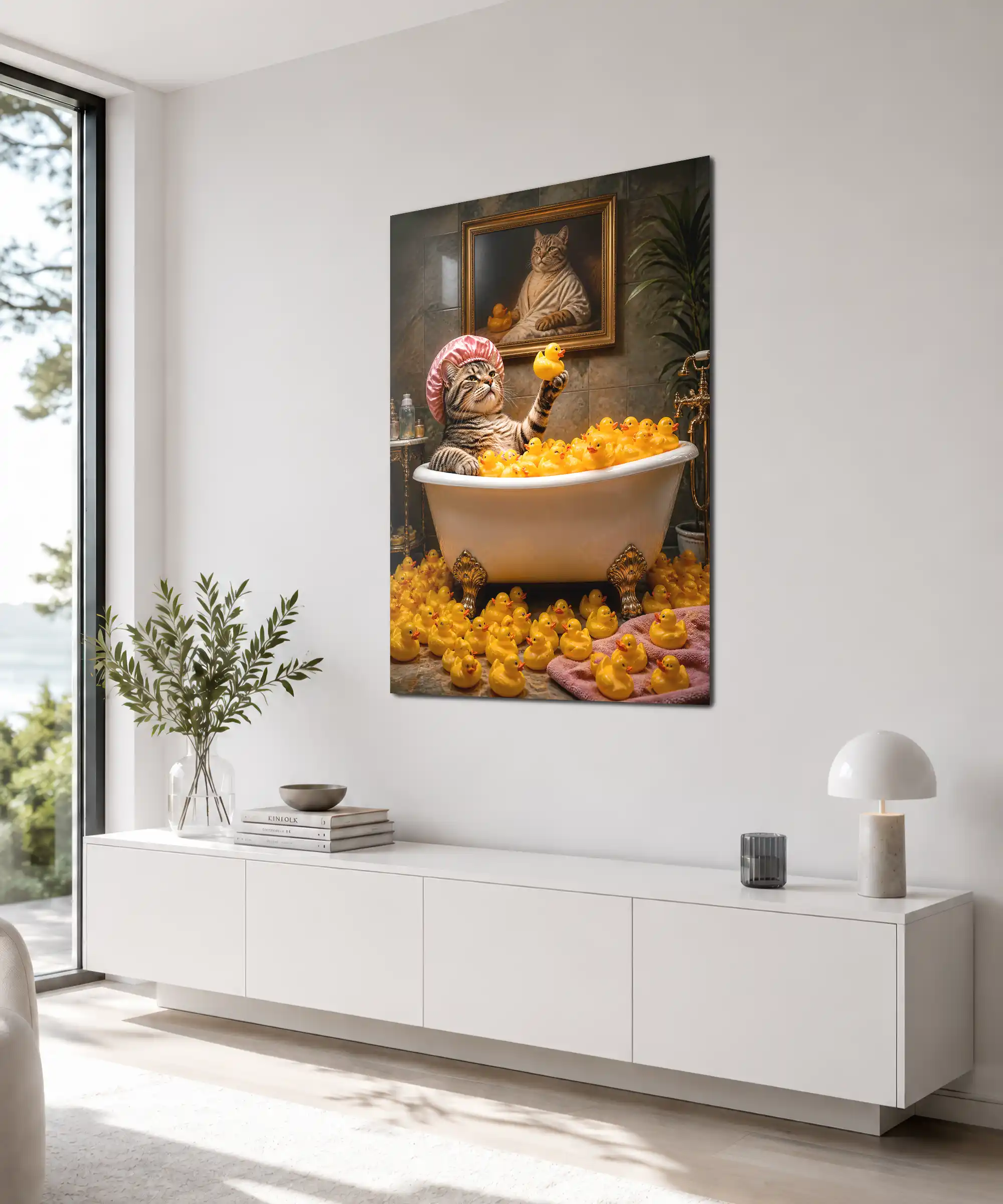 Rubber Duck Cat Poster 4 painting Angled bathroom display of surreal cat poster with yellow ducks and claw-foot tub