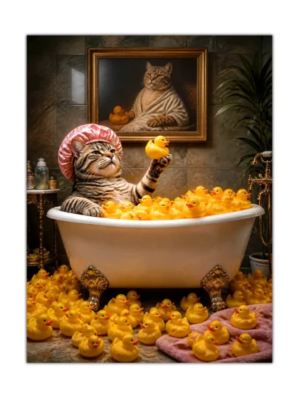 Surreal tabby cat poster showing a claw-foot bath overflowing with yellow rubber ducks