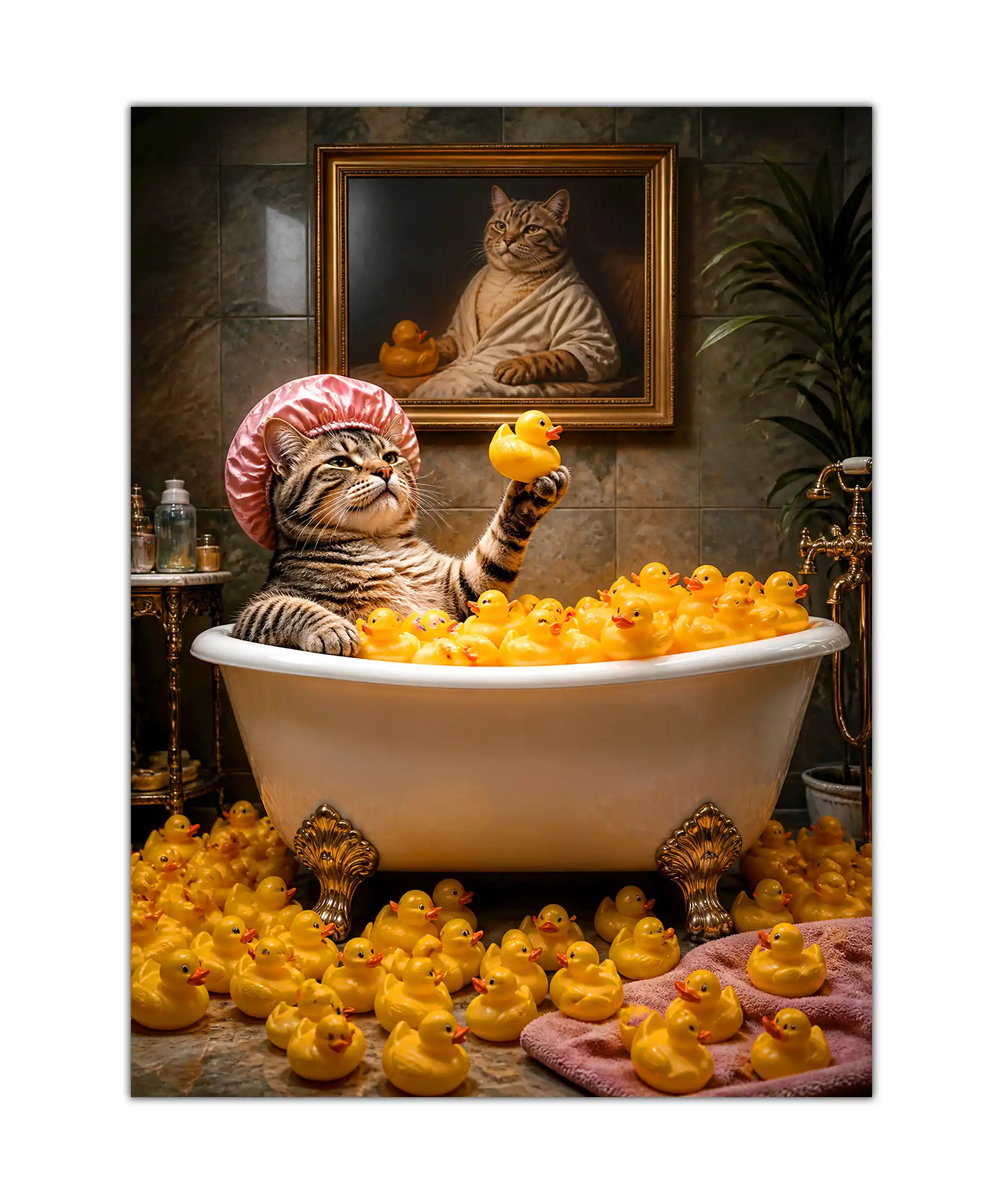Rubber Duck Cat Poster 1 painting Surreal tabby cat poster showing a claw-foot bath overflowing with yellow rubber ducks