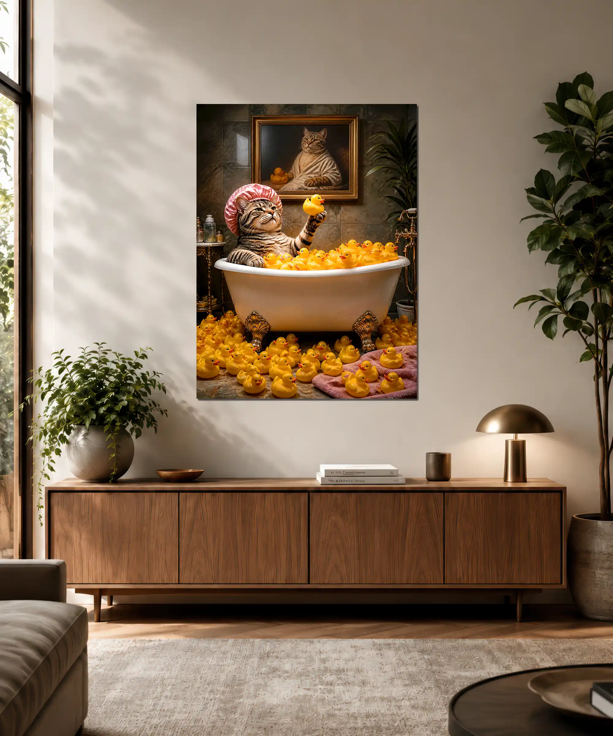 Rubber Duck Cat Poster 3 painting Tabby cat and rubber duck poster displayed as humorous bathroom wall art
