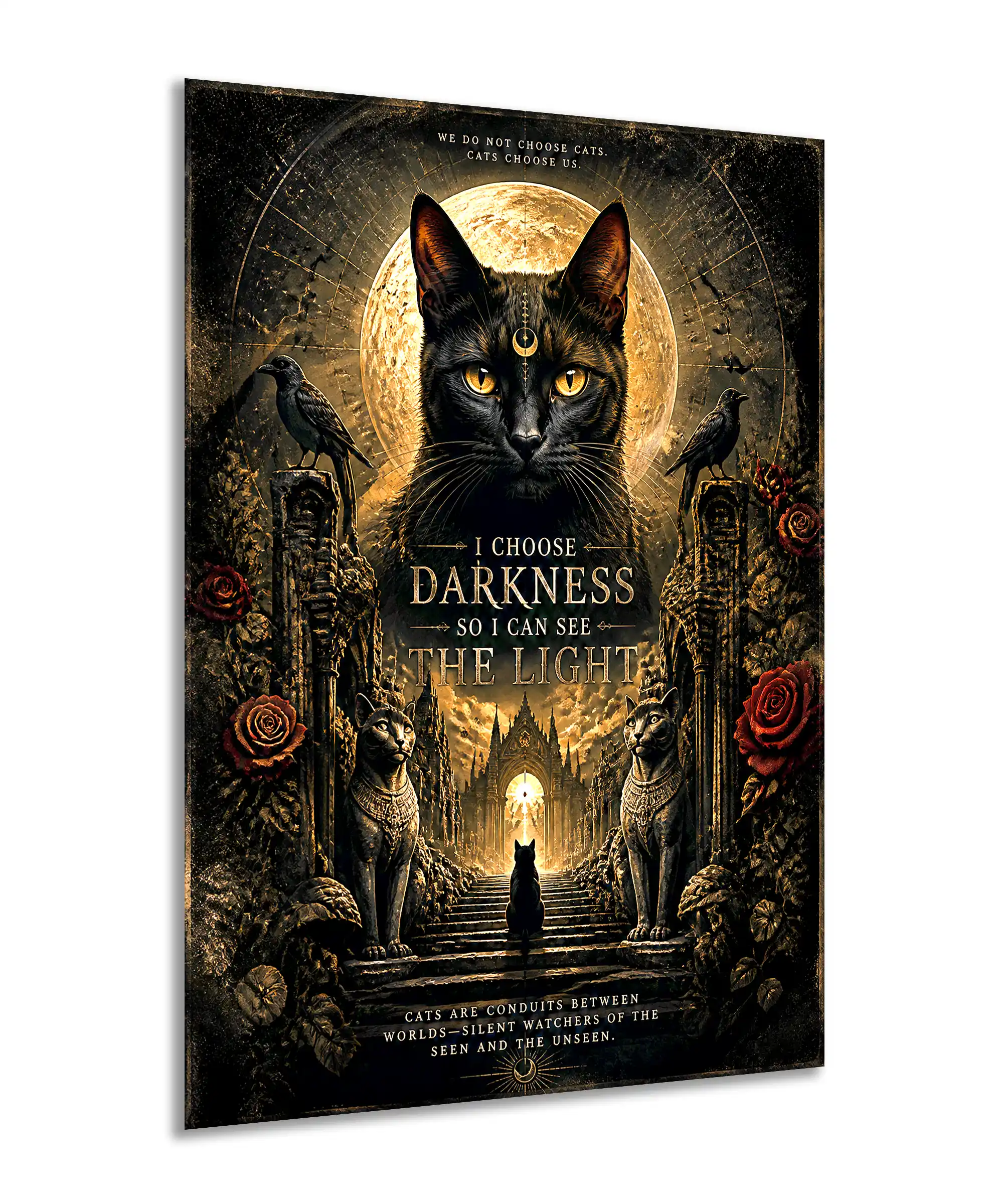 Dark Cat Aesthetic Poster 2 painting Angled dark cat poster showing gothic moonlight, ravens, roses, and temple guardians
