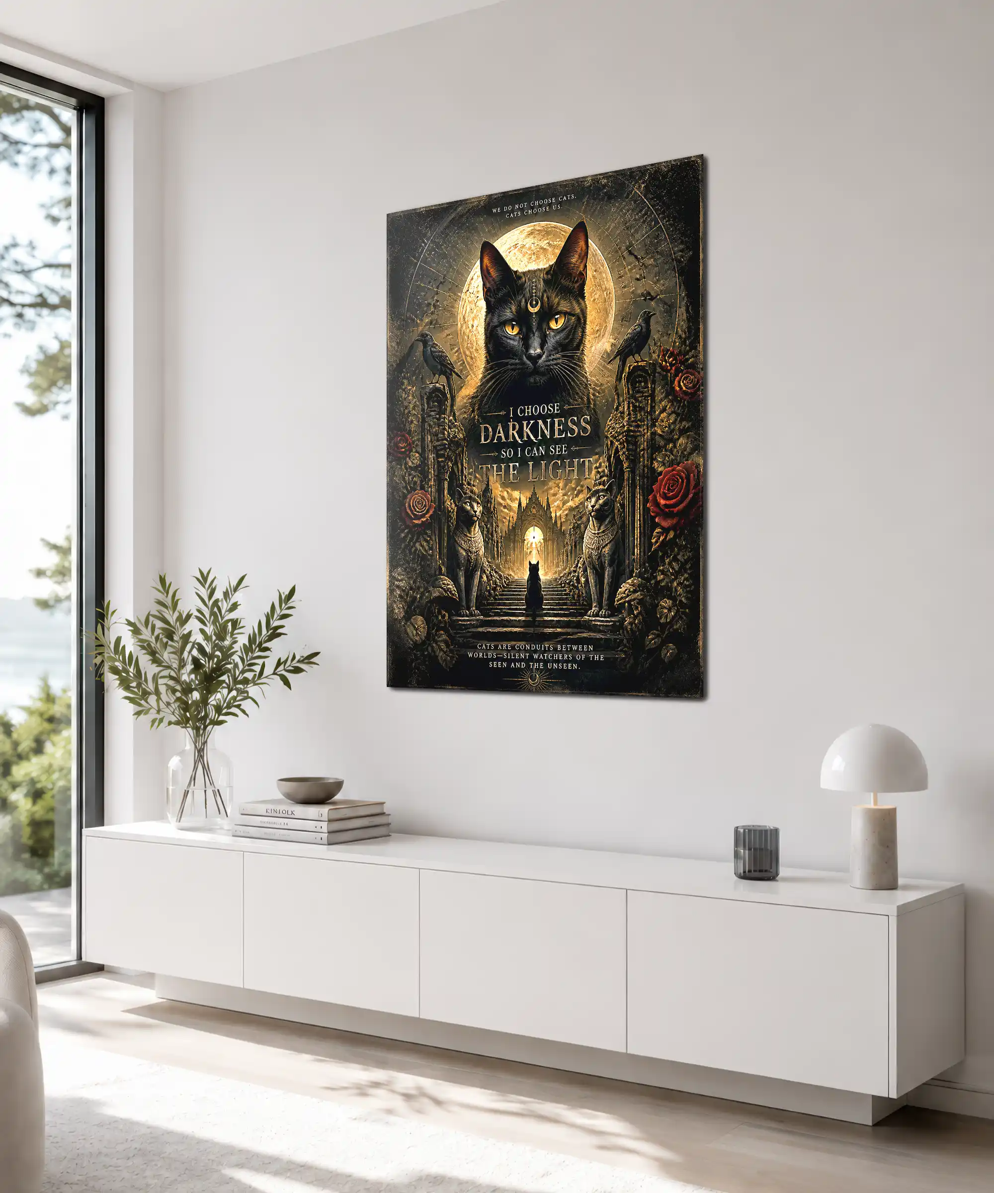 Dark Cat Aesthetic Poster 4 painting Angled gothic cat poster displayed indoors with moon, roses, ravens, and statues