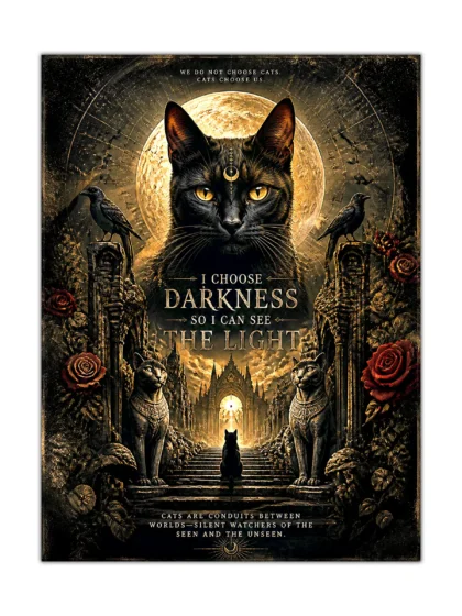 Dark black cat poster with moon, ravens, roses, and gothic temple imagery