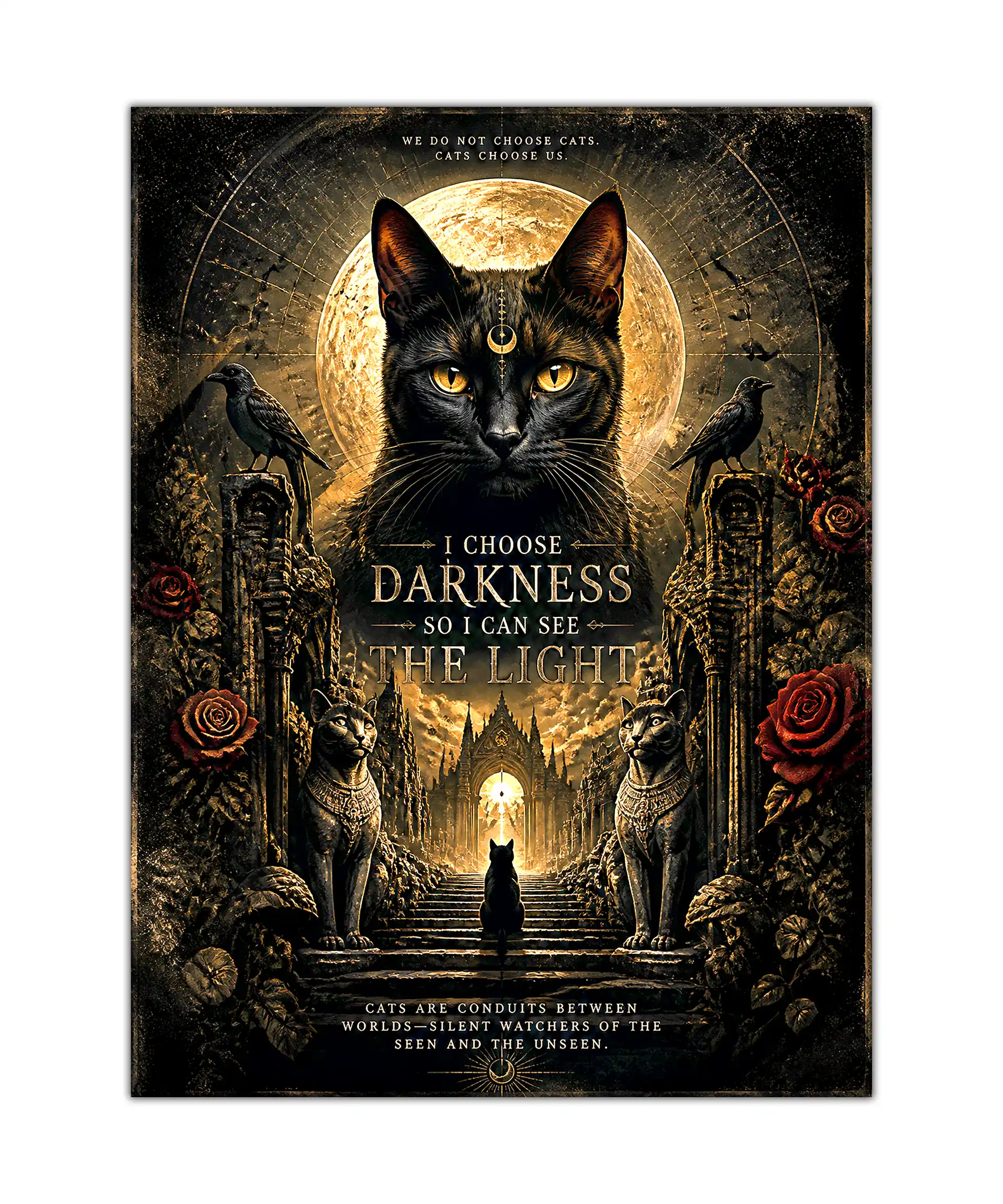 Dark Cat Aesthetic Poster 1 painting Dark black cat poster with moon, ravens, roses, and gothic temple imagery