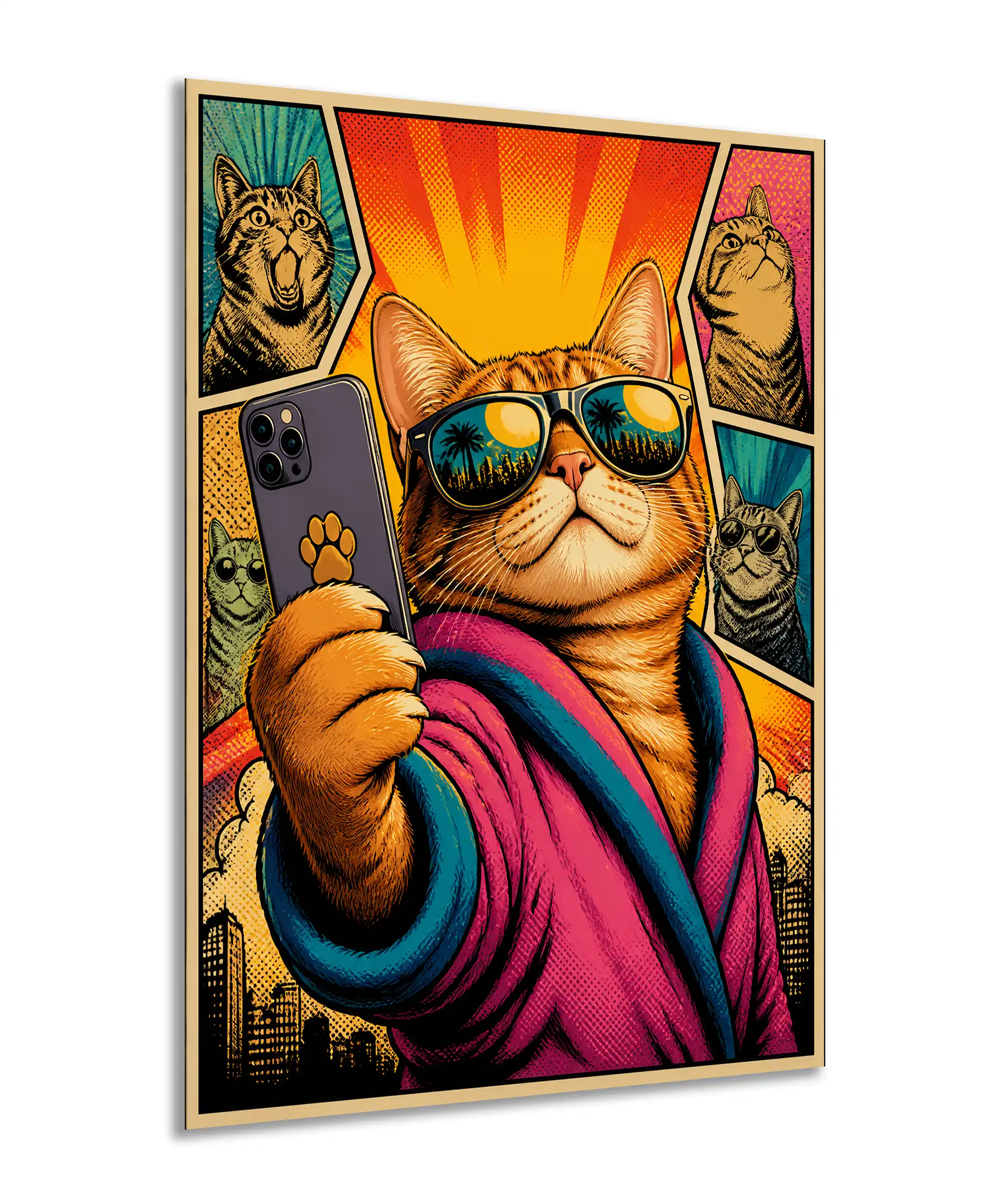 Cat Selfie Pop Art Poster 2 painting Angled cat selfie poster showing sunglasses, phone, blanket, and city skyline