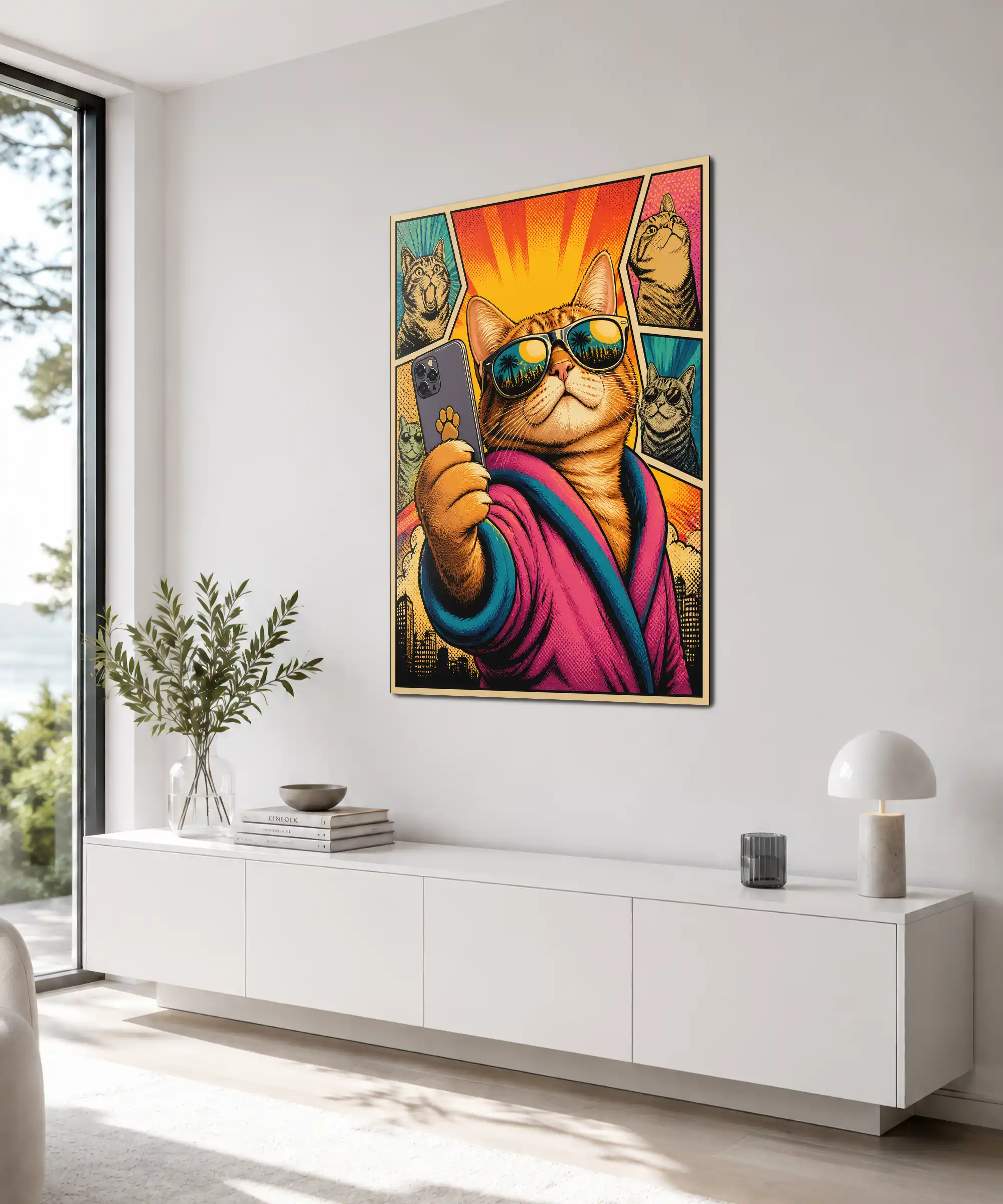 Cat Selfie Pop Art Poster 4 painting Angled cat pop art poster displayed indoors with sunglasses and tropical city details