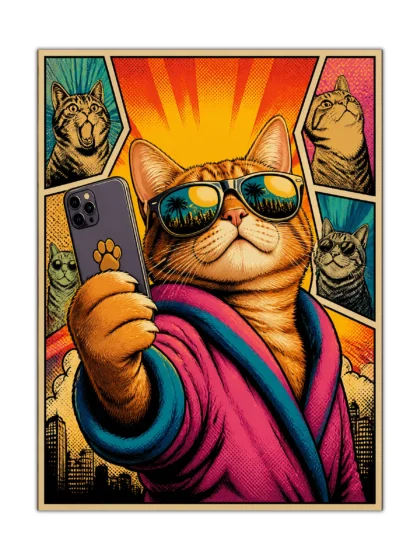Orange tabby cat taking a selfie in sunglasses on a colorful pop art poster