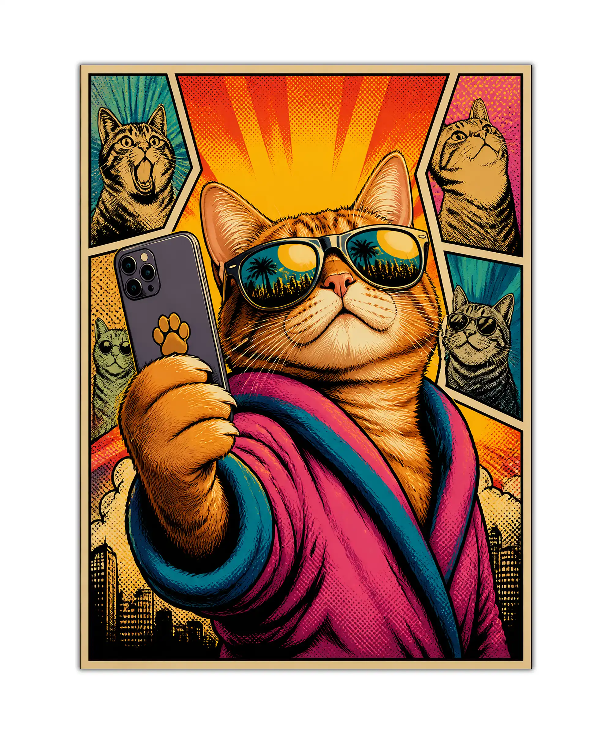 Cat Selfie Pop Art Poster 1 painting Orange tabby cat taking a selfie in sunglasses on a colorful pop art poster