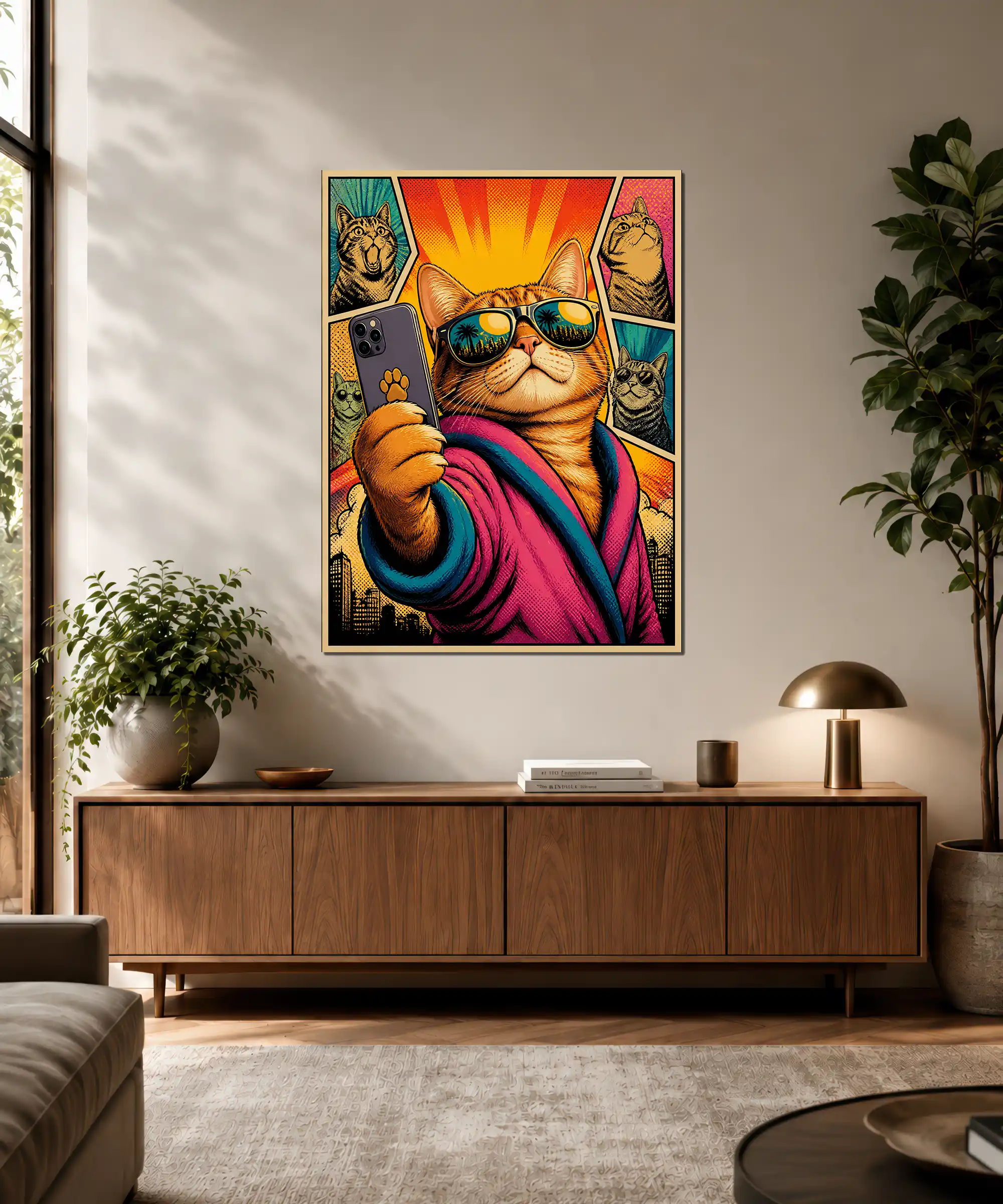 Cat Selfie Pop Art Poster 3 painting Colorful cat selfie poster displayed in an interior with comic-book style energy