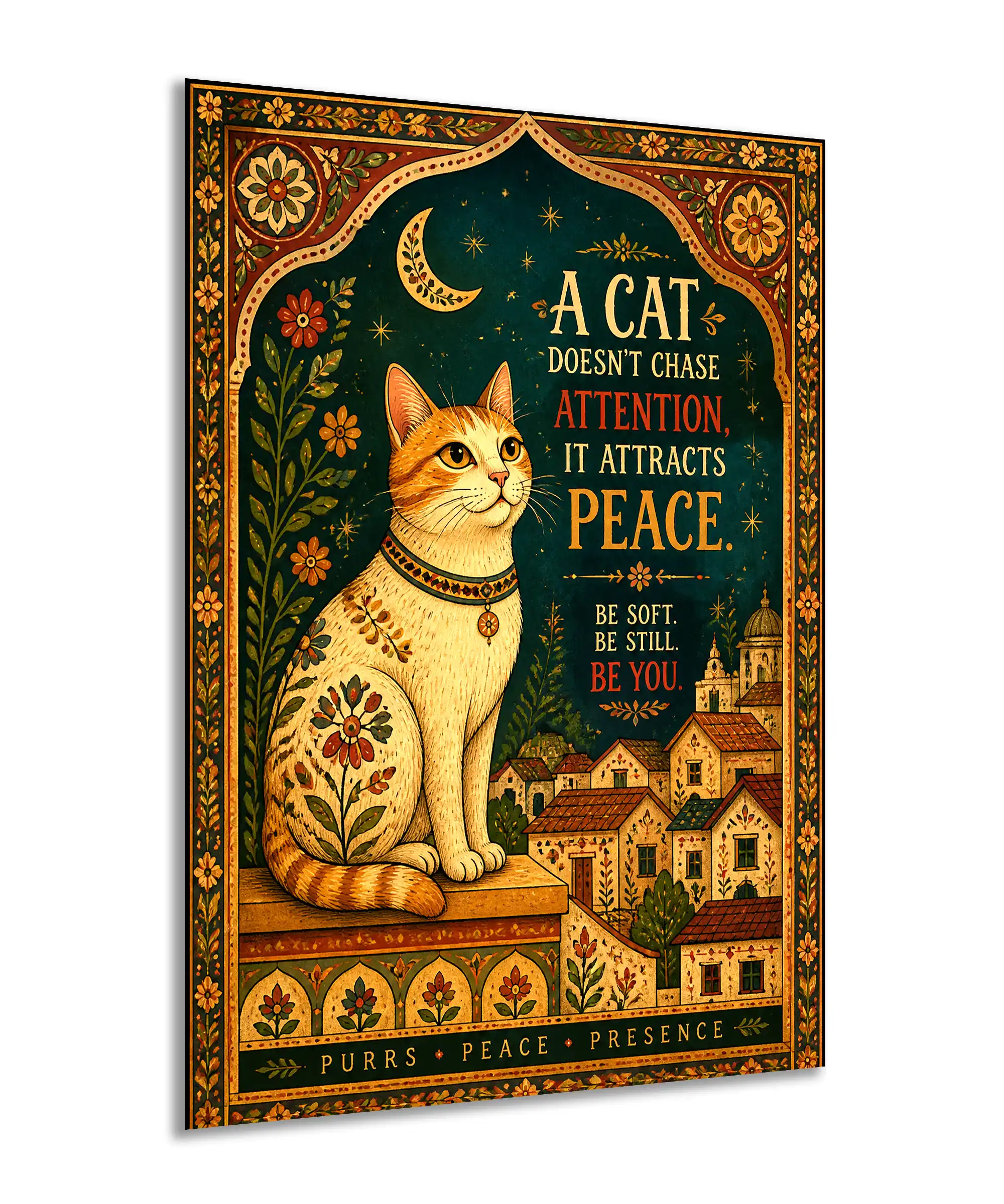 Peaceful Cat Aesthetic Poster 2 painting Angled peaceful cat wall poster with floral folk border and moonlit village design