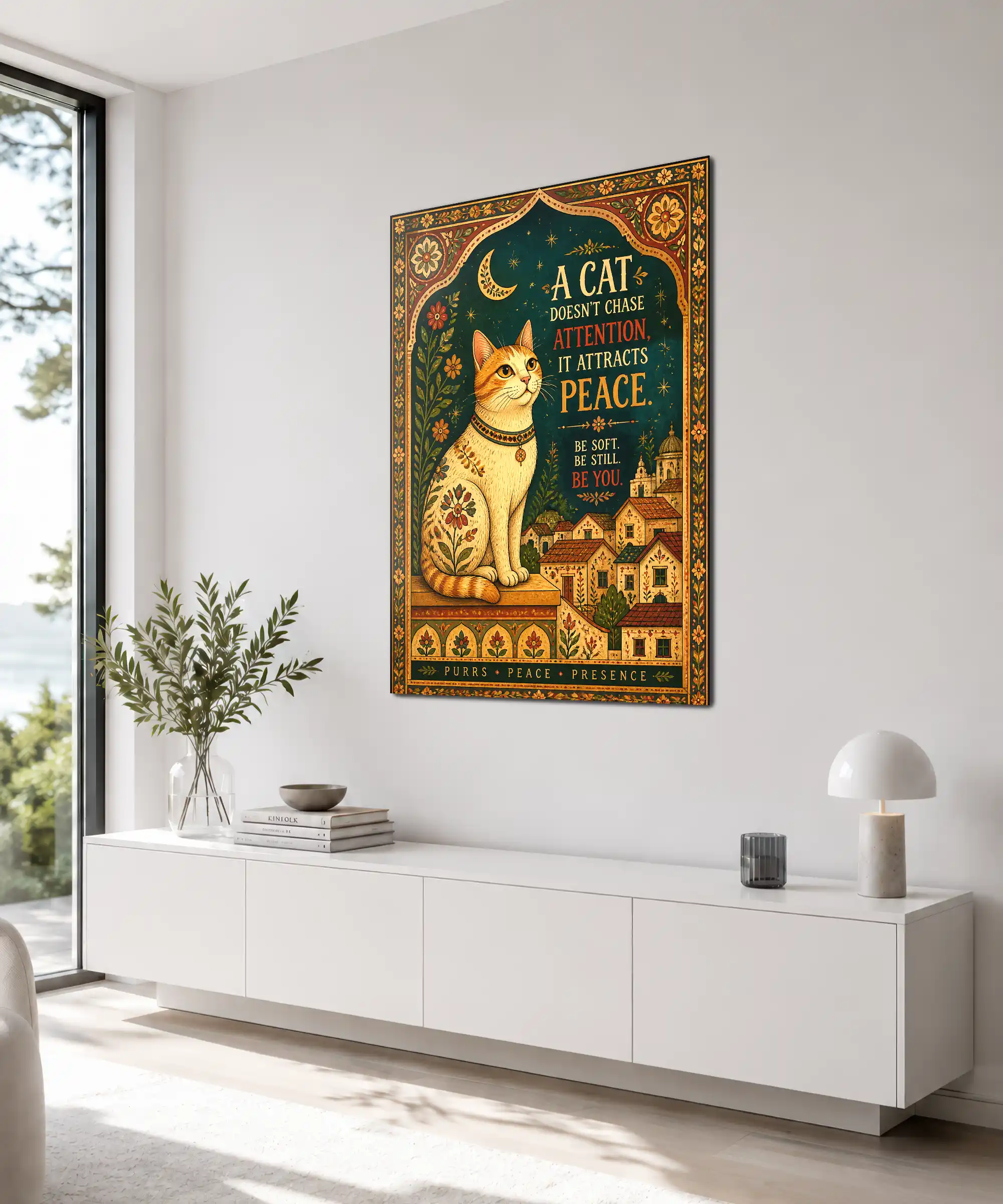 Peaceful Cat Aesthetic Poster 4 painting Angled orange cat poster displayed indoors with flowers, stars, and a village scene