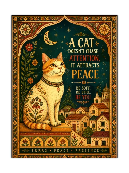 Peaceful orange cat poster with folk flowers, crescent moon, stars, and village rooftops