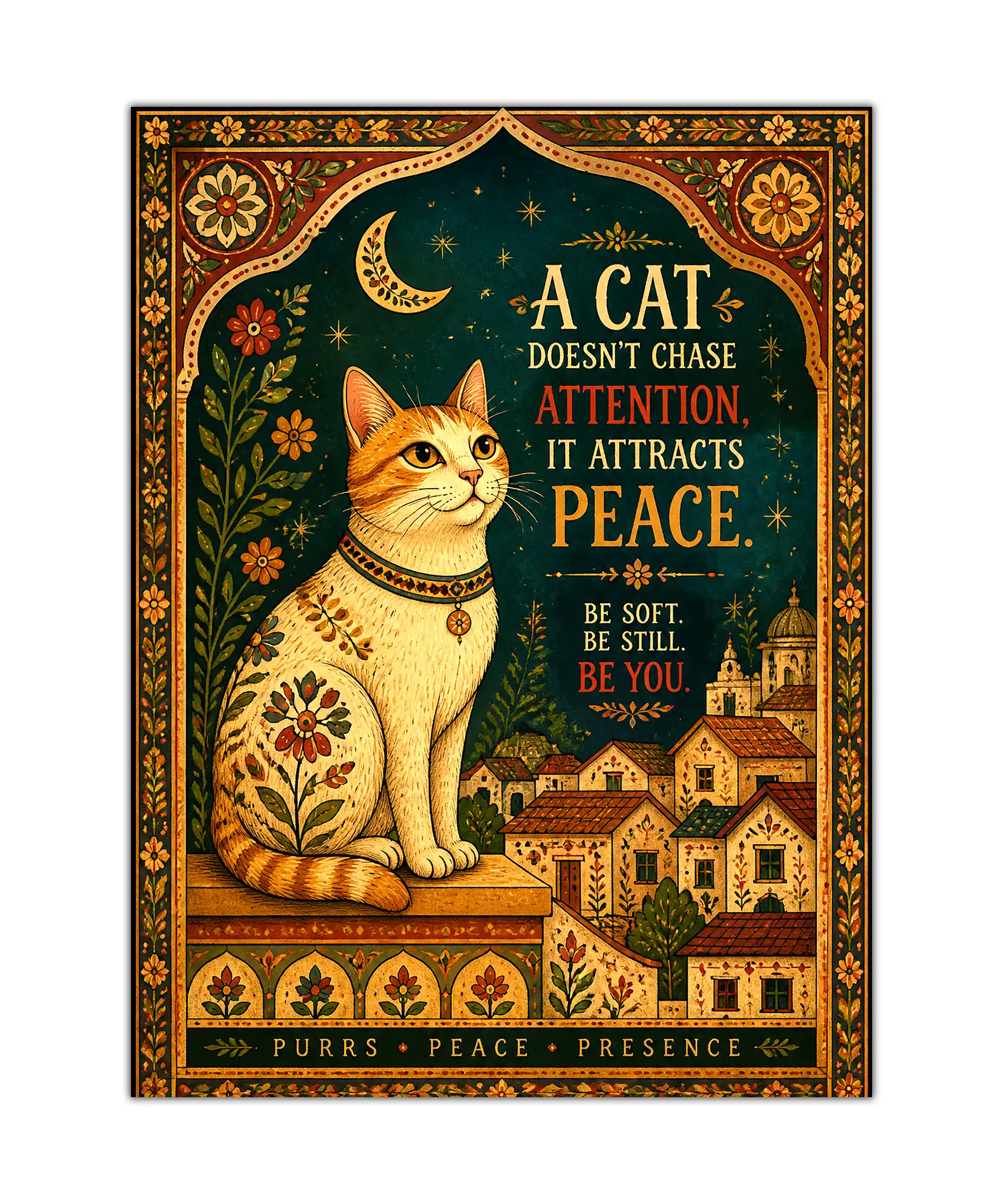Peaceful Cat Aesthetic Poster 1 painting Peaceful orange cat poster with folk flowers, crescent moon, stars, and village rooftops
