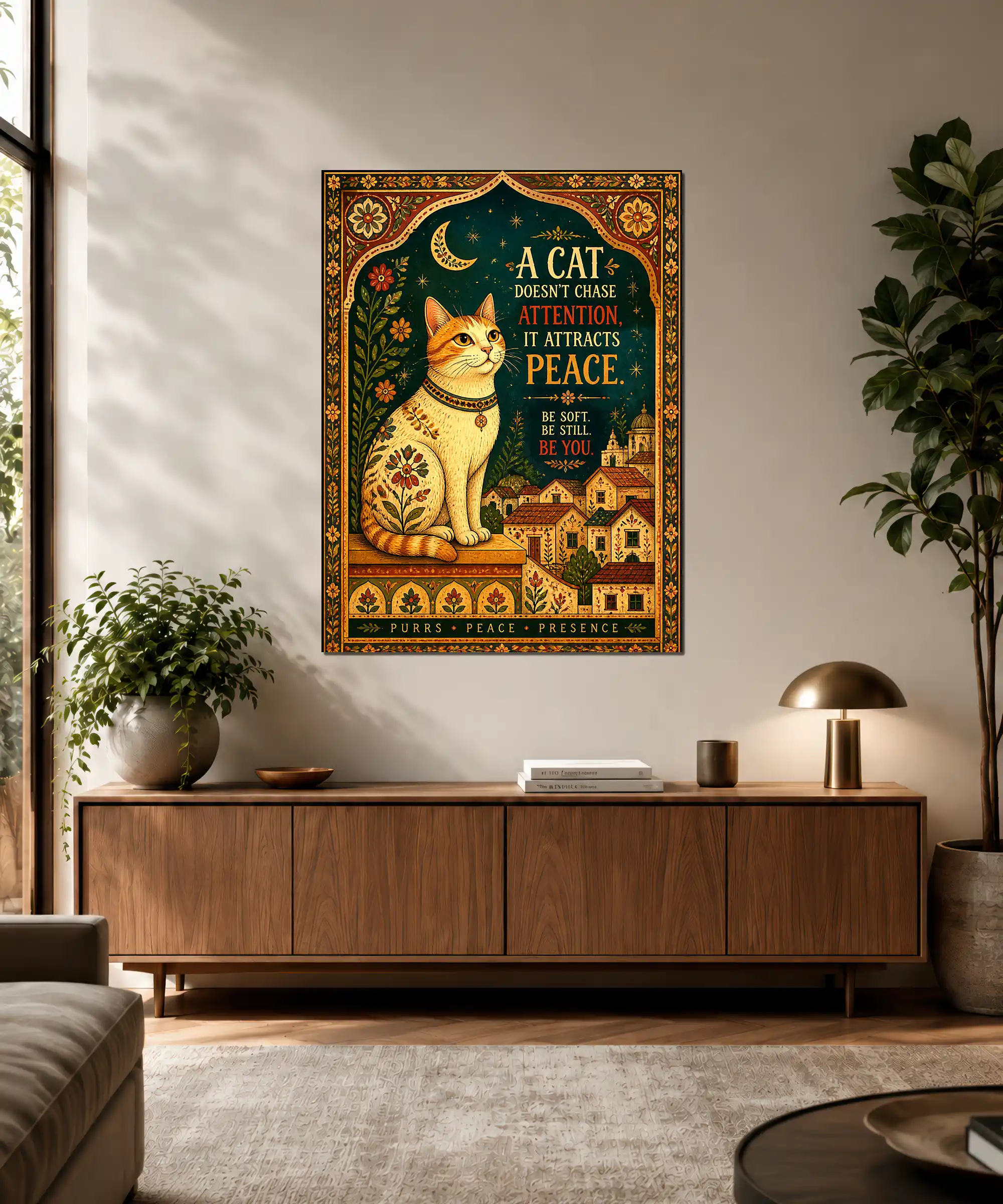 Peaceful Cat Aesthetic Poster 3 painting Peaceful orange cat wall art displayed in an interior with folk village details