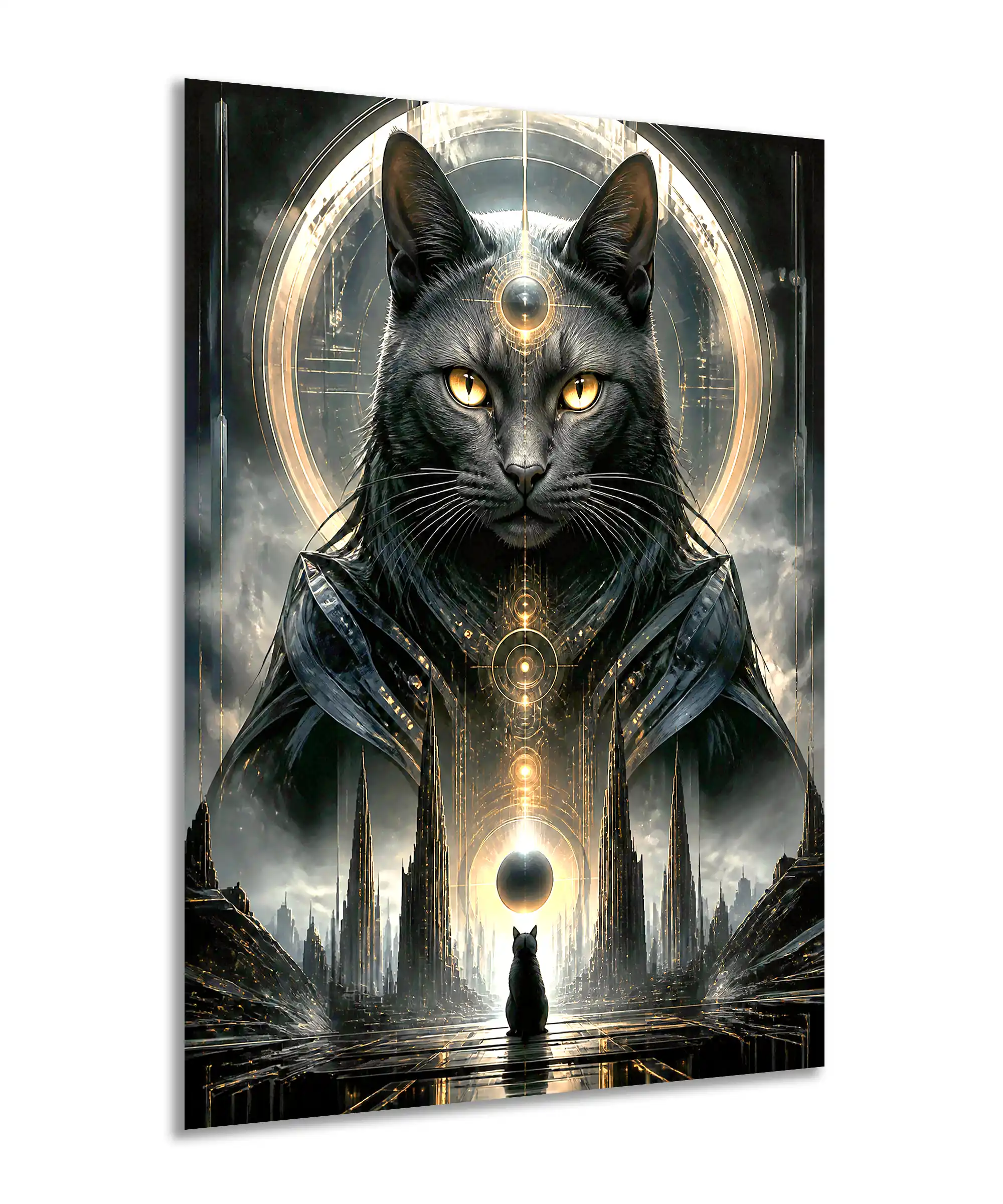 Astral Guardian Surreal Poster 2 painting Angled surreal cat poster showing cosmic feline guardian and futuristic city
