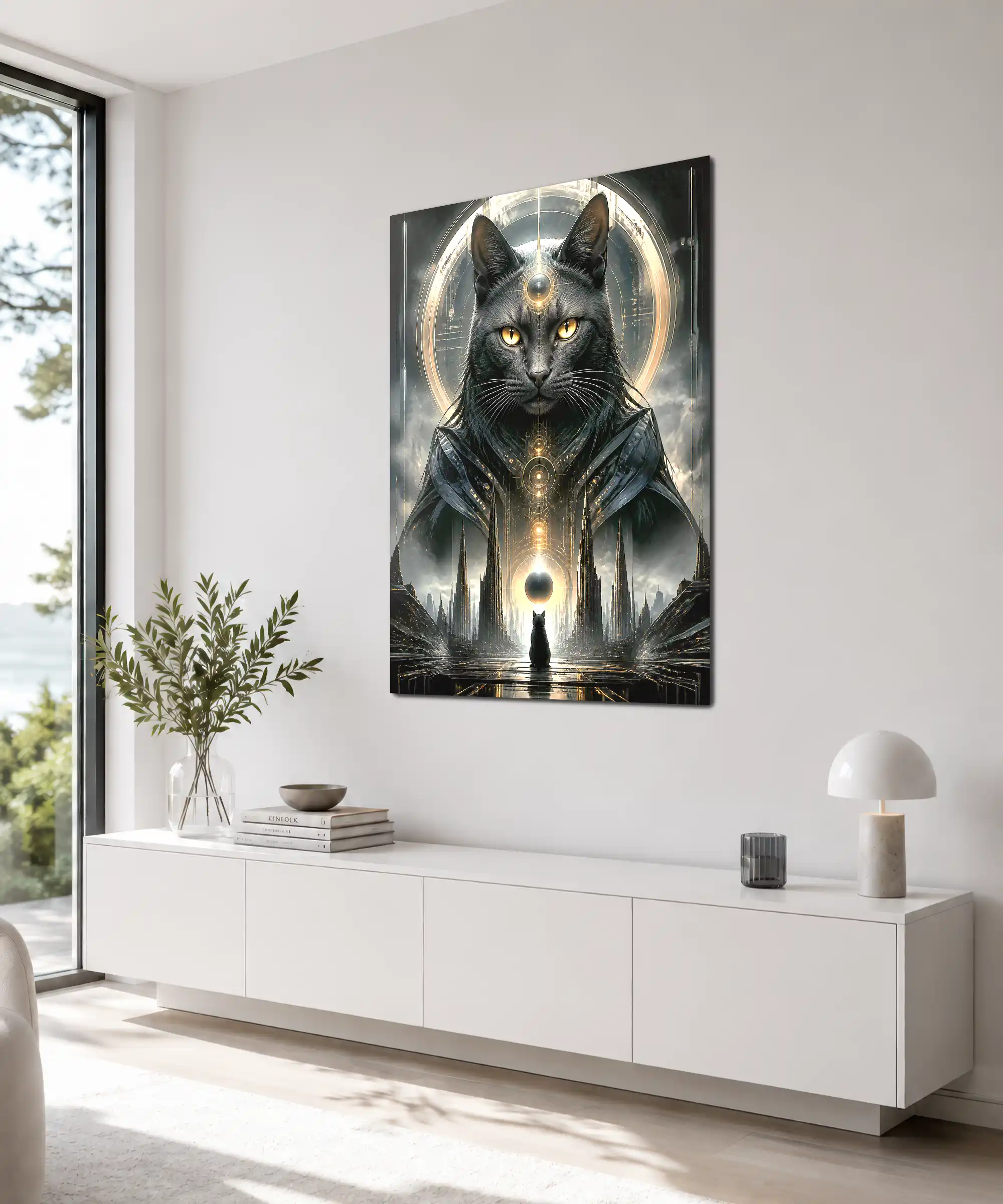 Astral Guardian Surreal Poster 4 painting Angled black cat wall poster in an interior with giant celestial feline