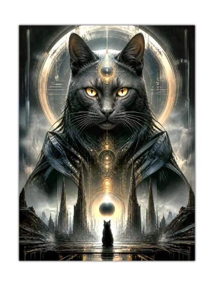Surreal black cat poster with a giant cosmic feline above a futuristic city