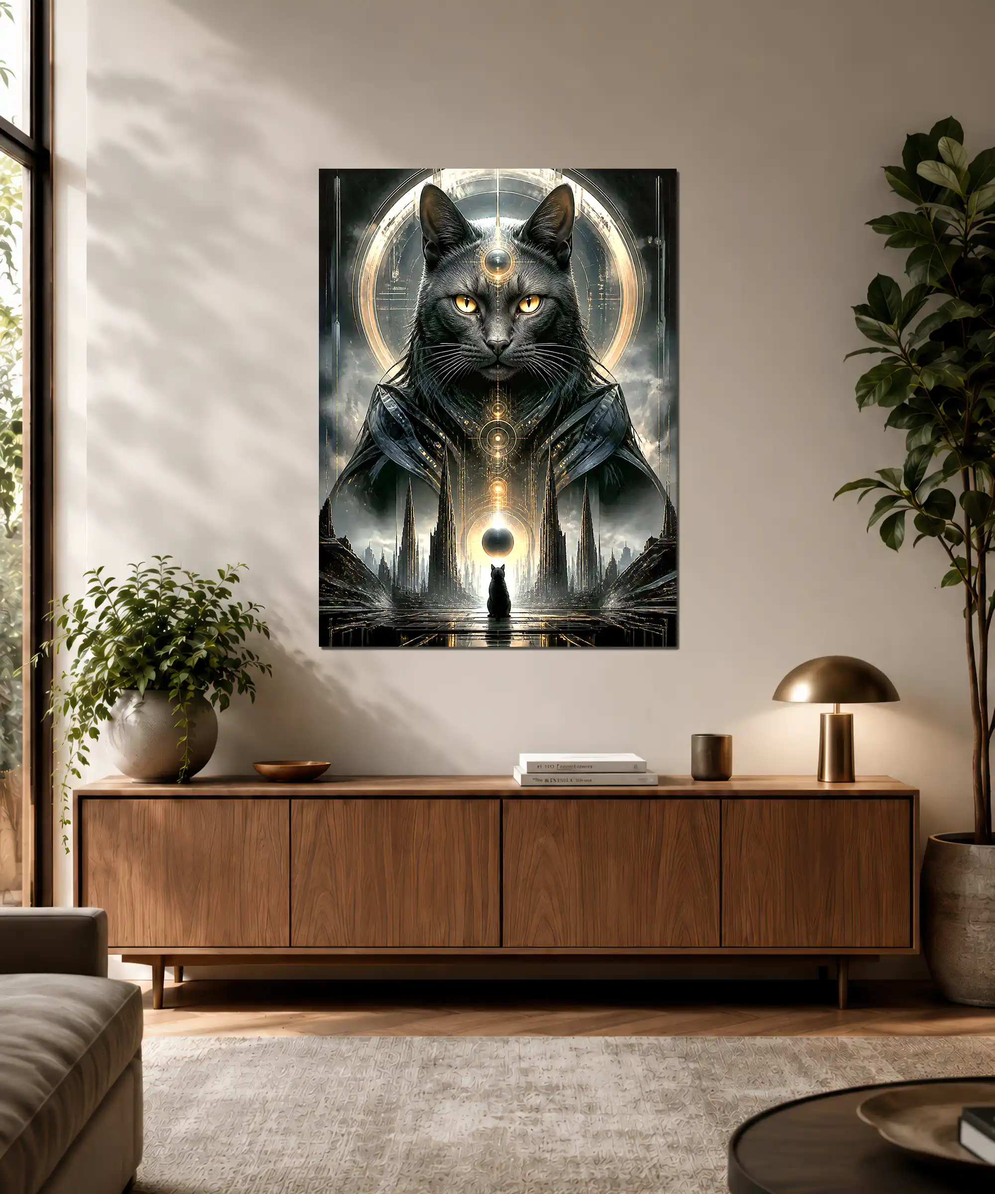 Astral Guardian Surreal Poster 3 painting Black cat surreal wall poster displayed in an interior with cosmic city scene