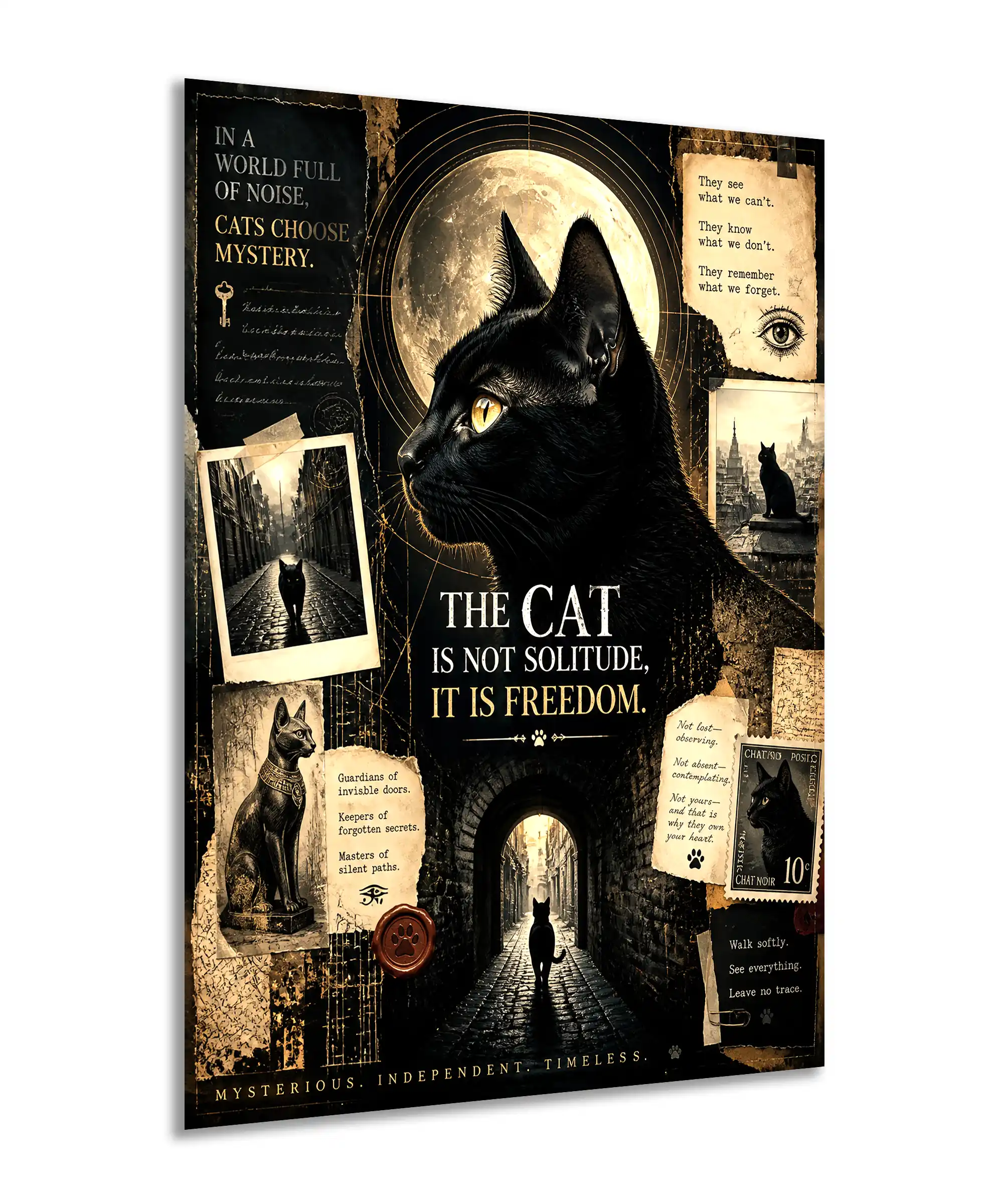 Midnight Mystery Cat Poster 2 painting Angled black cat wall poster showing moonlit streets and antique collage elements