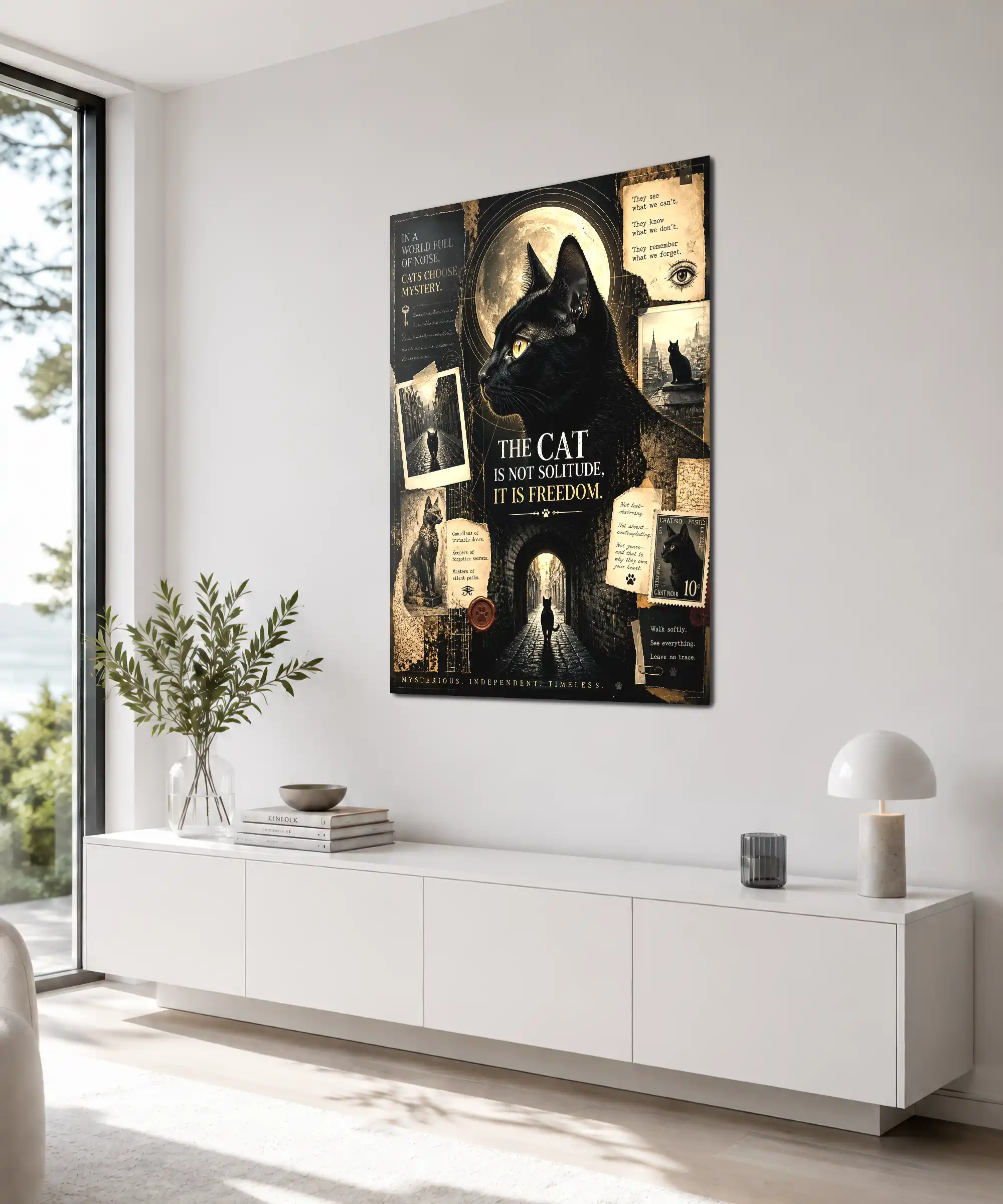 Midnight Mystery Cat Poster 4 painting Angled cat poster in an interior featuring a moonlit black cat and noir city collage